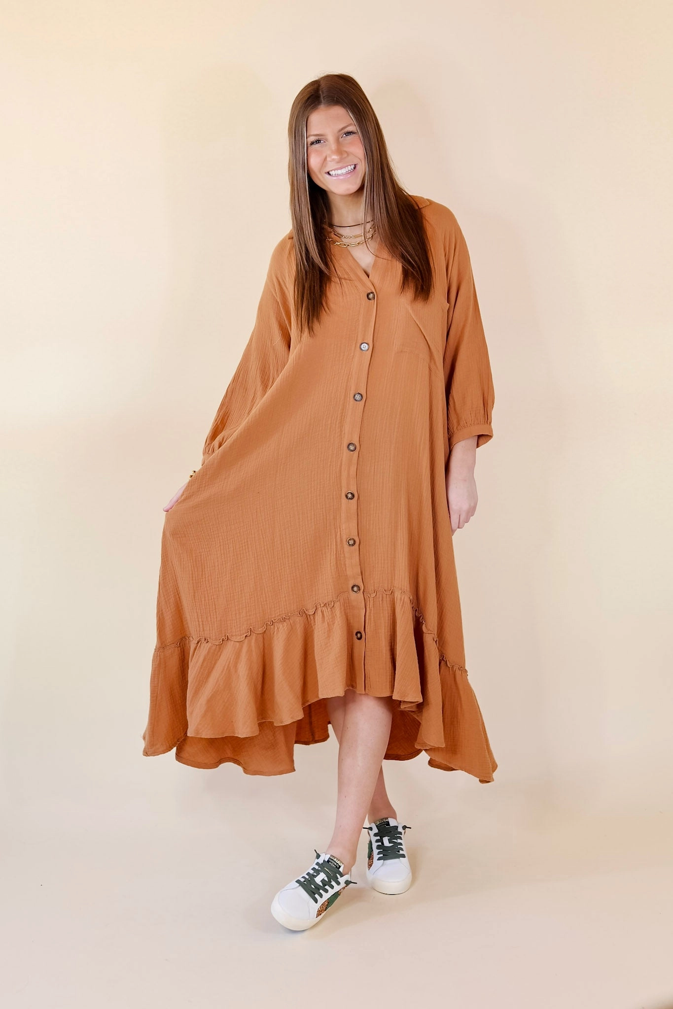 Web Glow Push Edge Last Chance Size Small | New England Nights Button Up Ruffle Hem Midi Dress in Camel