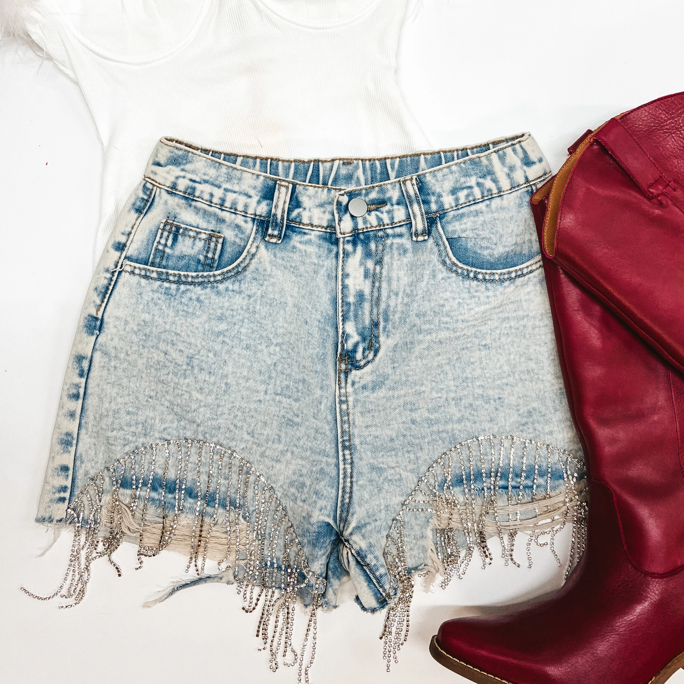 Timeless Blazer Saddle Up Crystal Fringe Distressed Denim Shorts in Light Wash