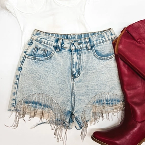 Fantasy Glow Saddle Up Crystal Fringe Distressed Denim Shorts in Light Wash