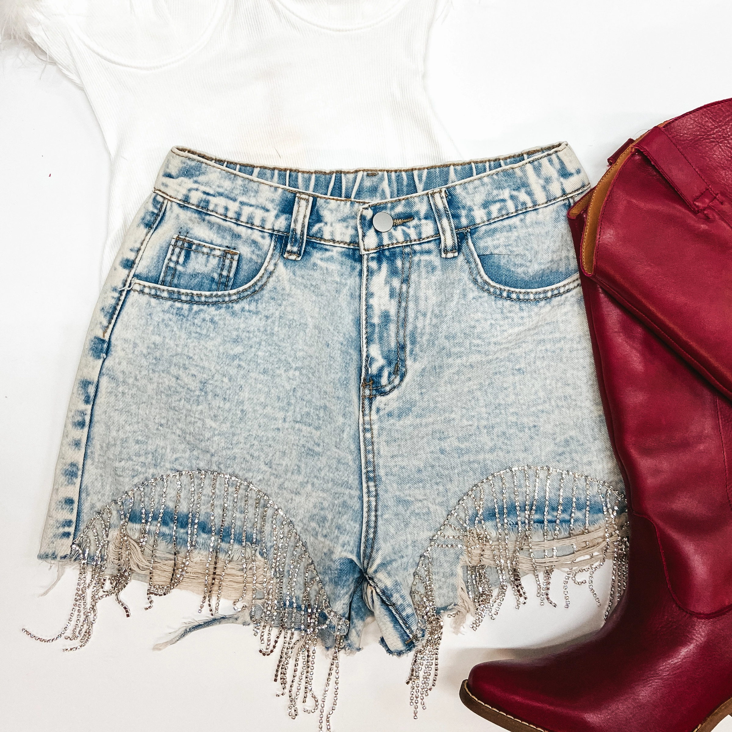 Saddle Up Crystal Fringe Distressed Denim Shorts in Light Wash WaterRepellent Finish Smart Look