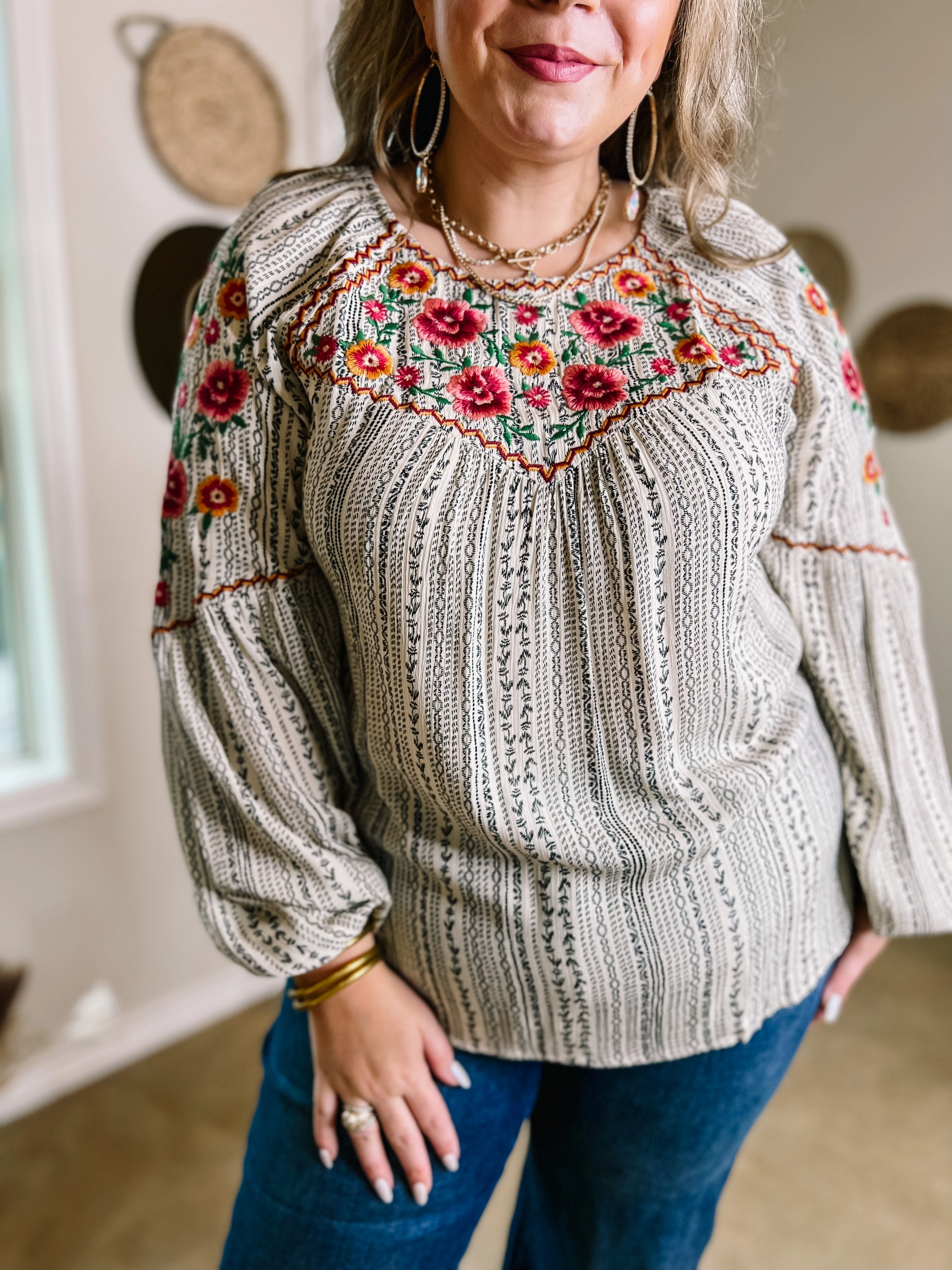 Savanna Jane | Looking For Peace Long Sleeve Tribal Print Floral Embroidered Top in Ivory Relaxed Sweatshirt Ethically Sourced Material