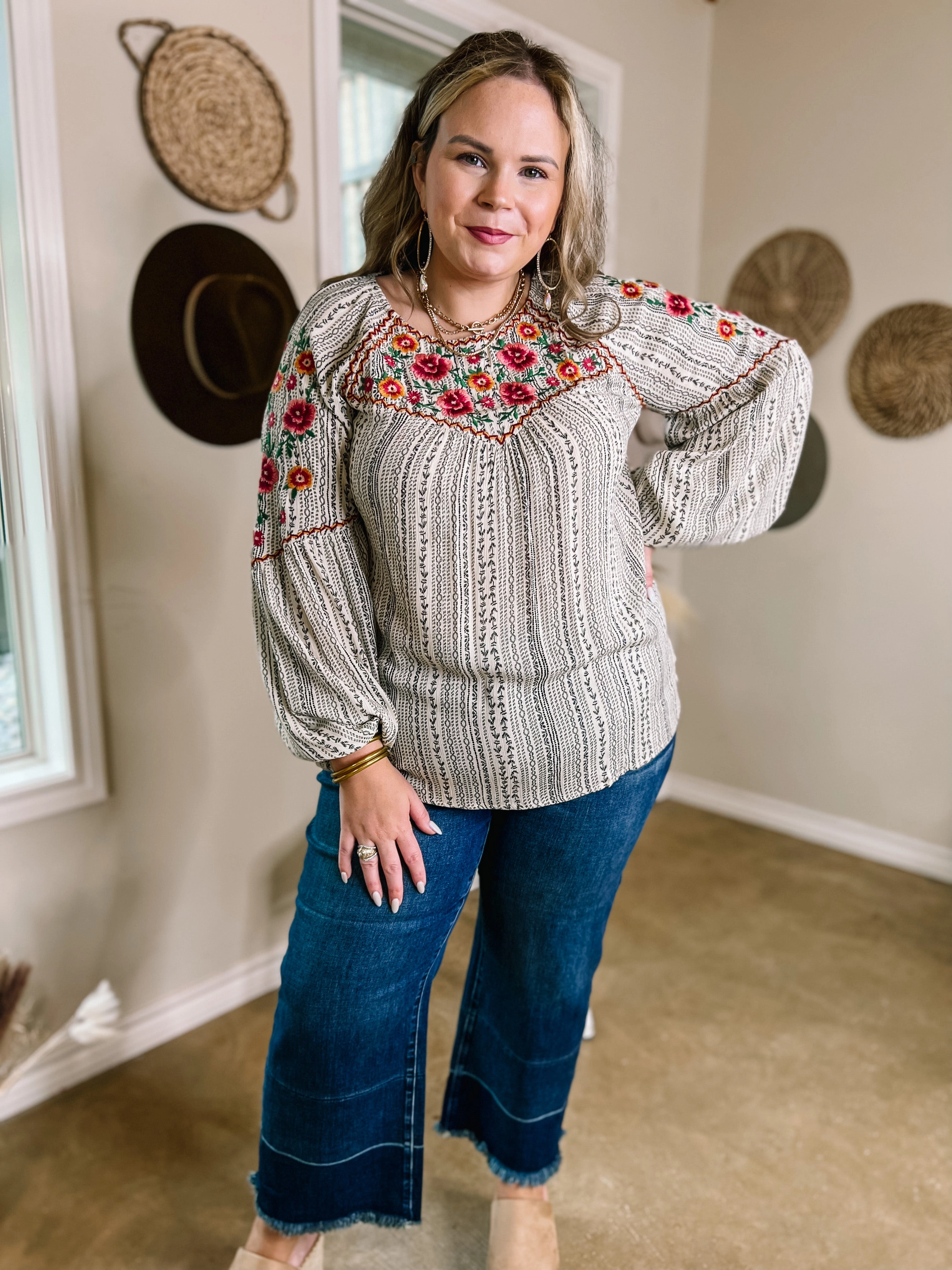 Bound Seam Edges Eco Friendly Fabric Savanna Jane | Looking For Peace Long Sleeve Tribal Print Floral Embroidered Top in Ivory