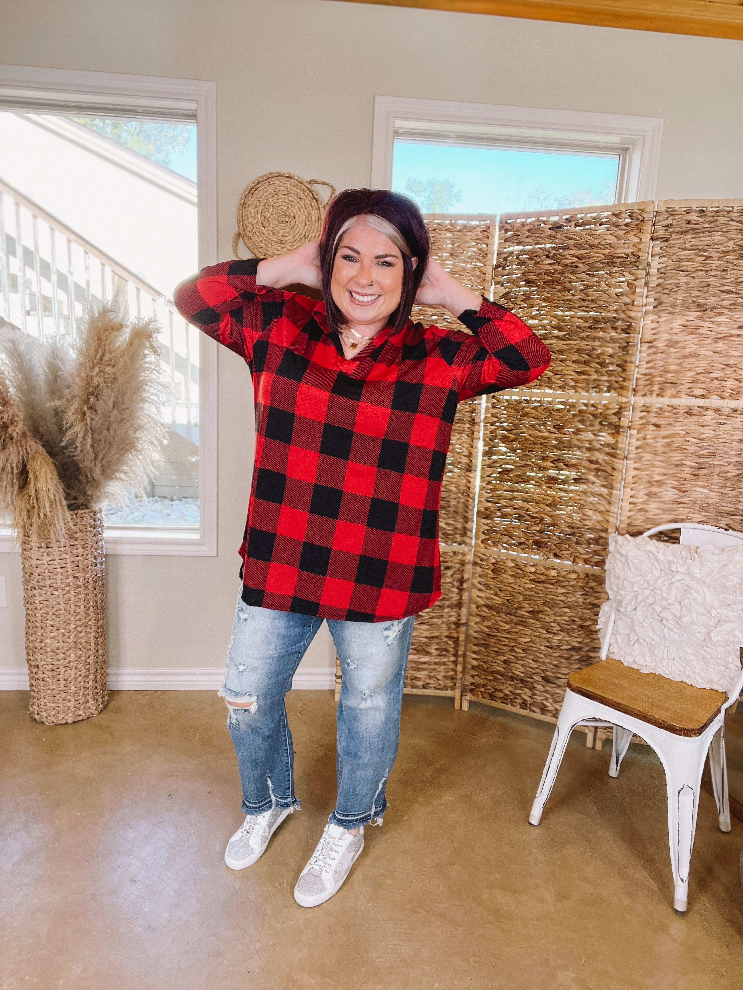 Scenic Route Buffalo Plaid Collared Tunic Top in Red Spark Glow