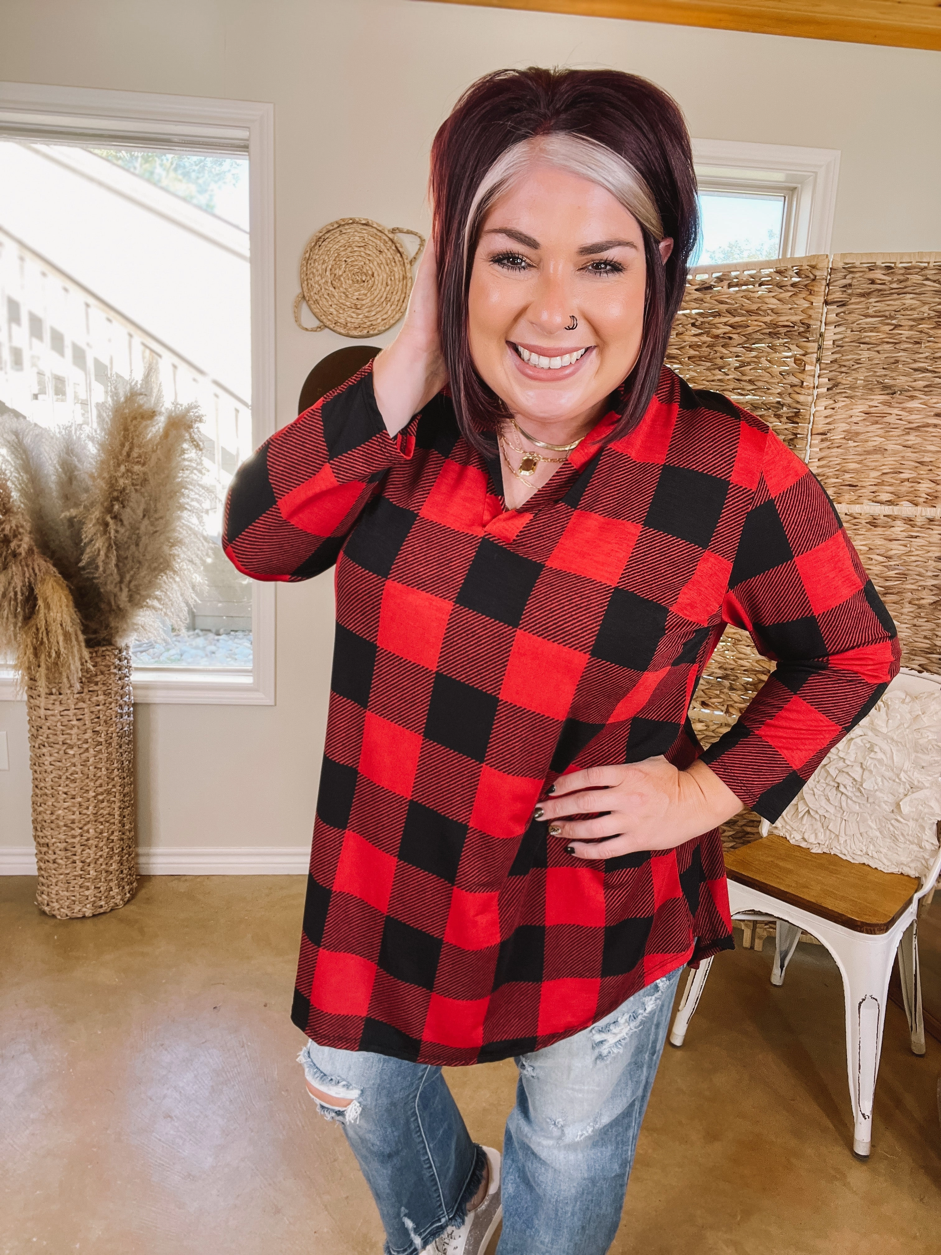 Scenic Route Buffalo Plaid Collared Tunic Top in Red Flexible Apparel