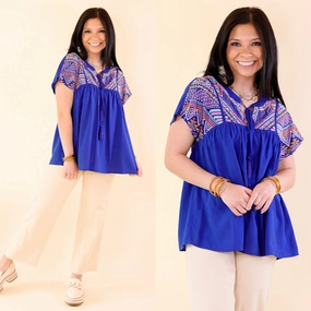 Forgotten Paradise Embroidered Top with Front Tie in Royal Blue Grid Texture Fabric