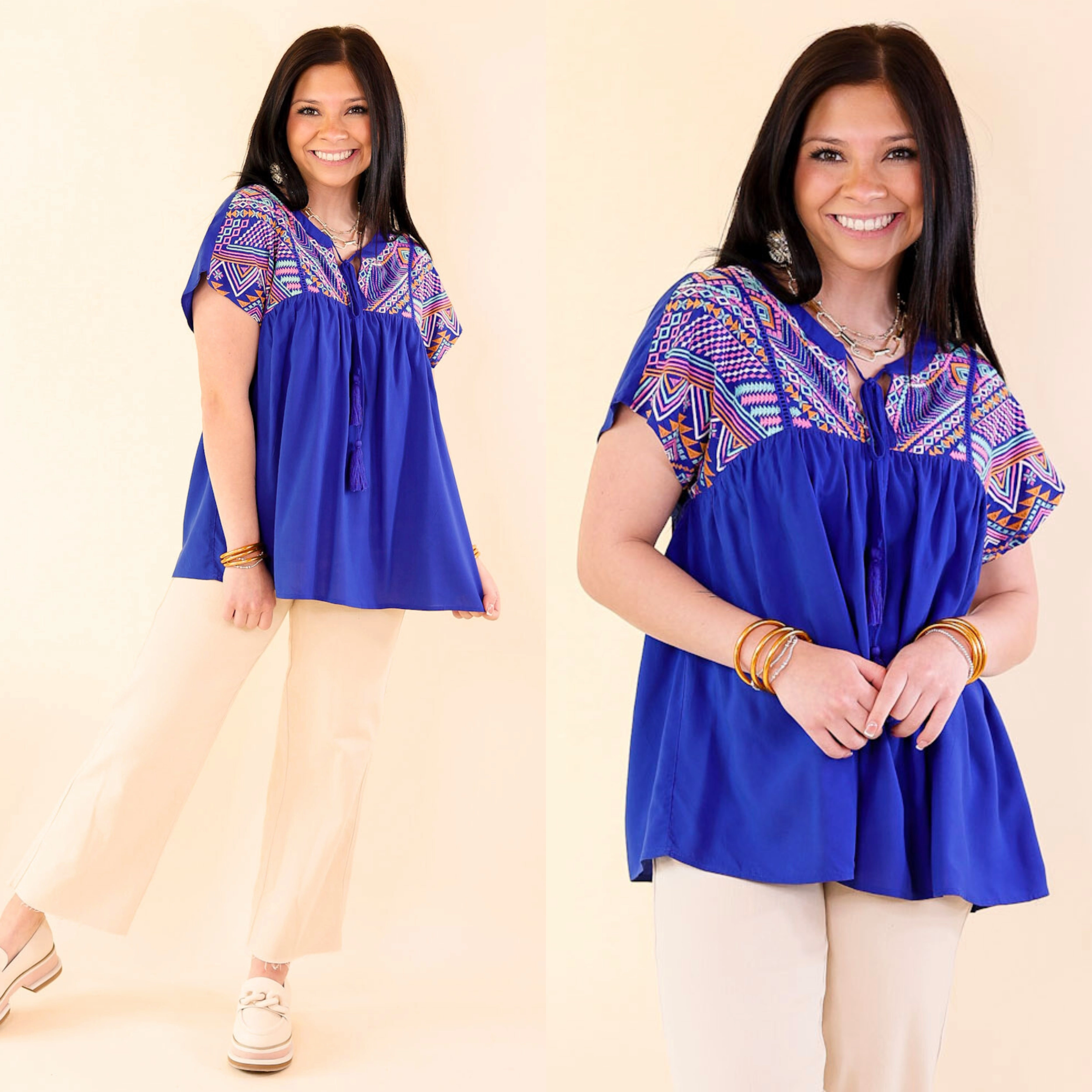 Forgotten Paradise Embroidered Top with Front Tie in Royal Blue Grid Texture Fabric