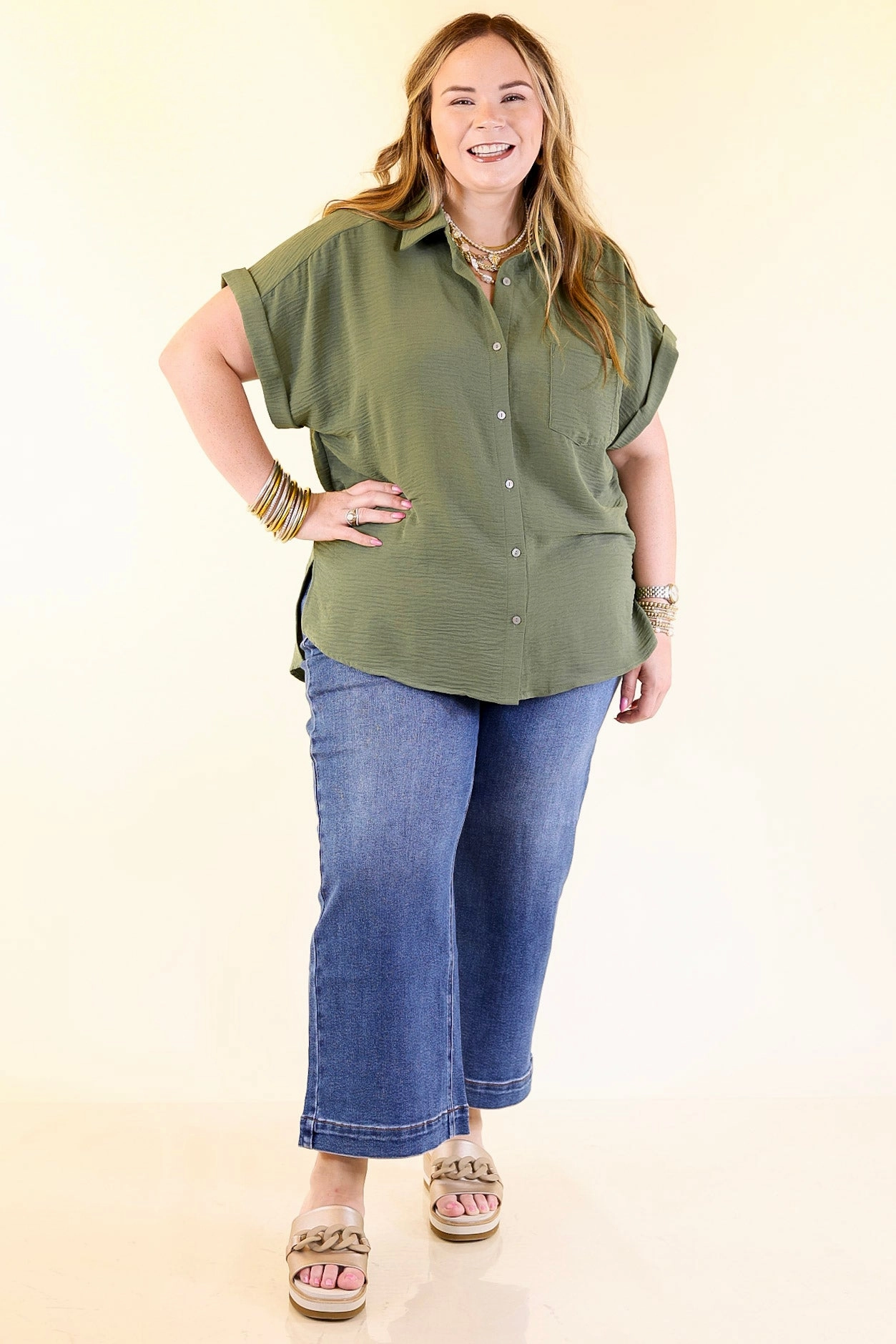 Timeless Appeal Collared Button Up Top in Olive Green Contemporary Style Casual Option
