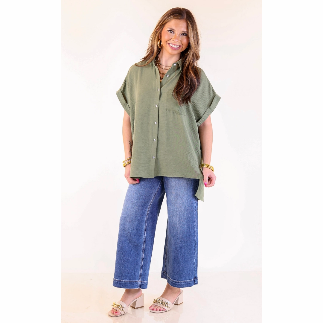 Timeless Appeal Collared Button Up Top in Olive Green No Slip Shoulder Grips