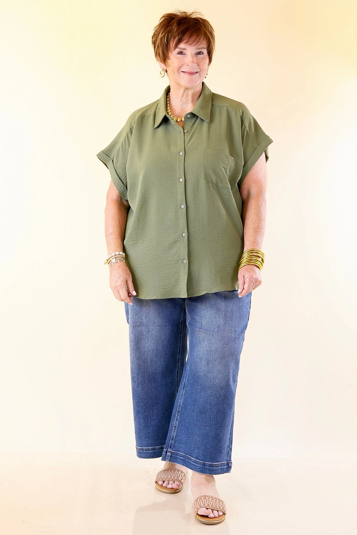 Seasonal Fashion Timeless Appeal Collared Button Up Top in Olive Green