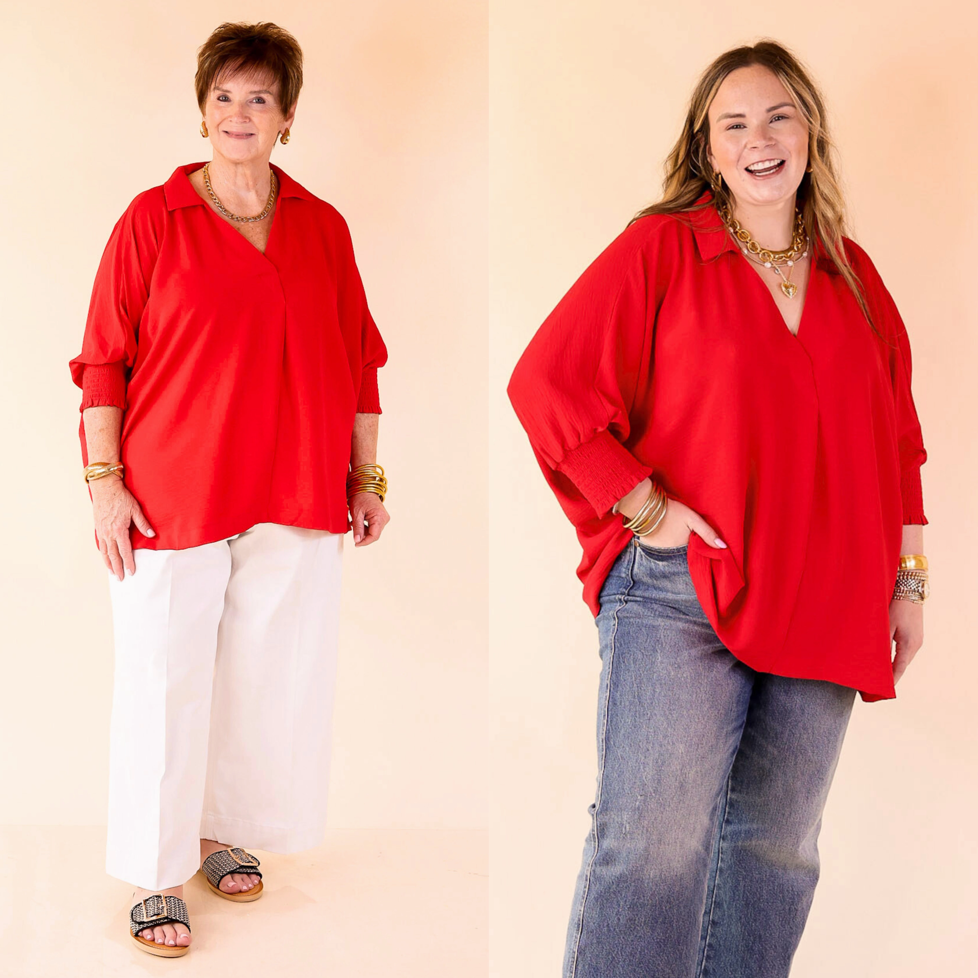 Active Layering Spoken In Style Collared Blouse with Smoked Sleeve Band in Ruby