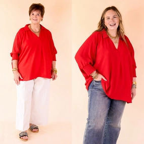 Active Layering Spoken In Style Collared Blouse with Smoked Sleeve Band in Ruby