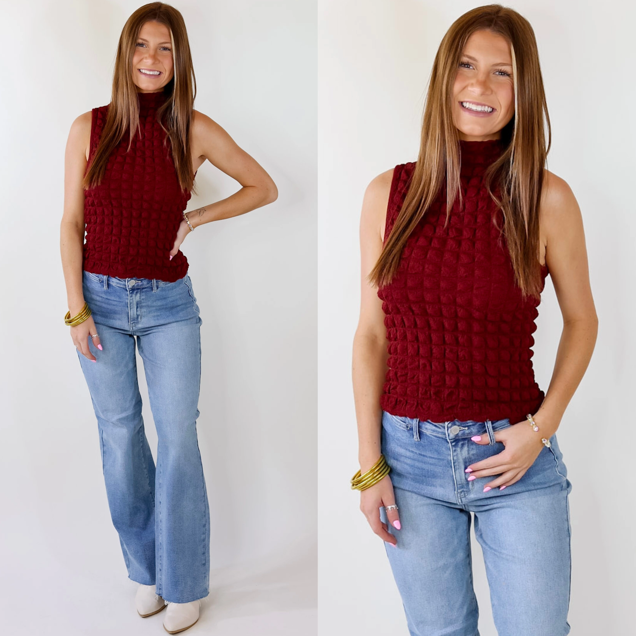Eco Conscious Packaging BreathableBack Daring Stares Mock Neck Bubble Tank Top in Maroon