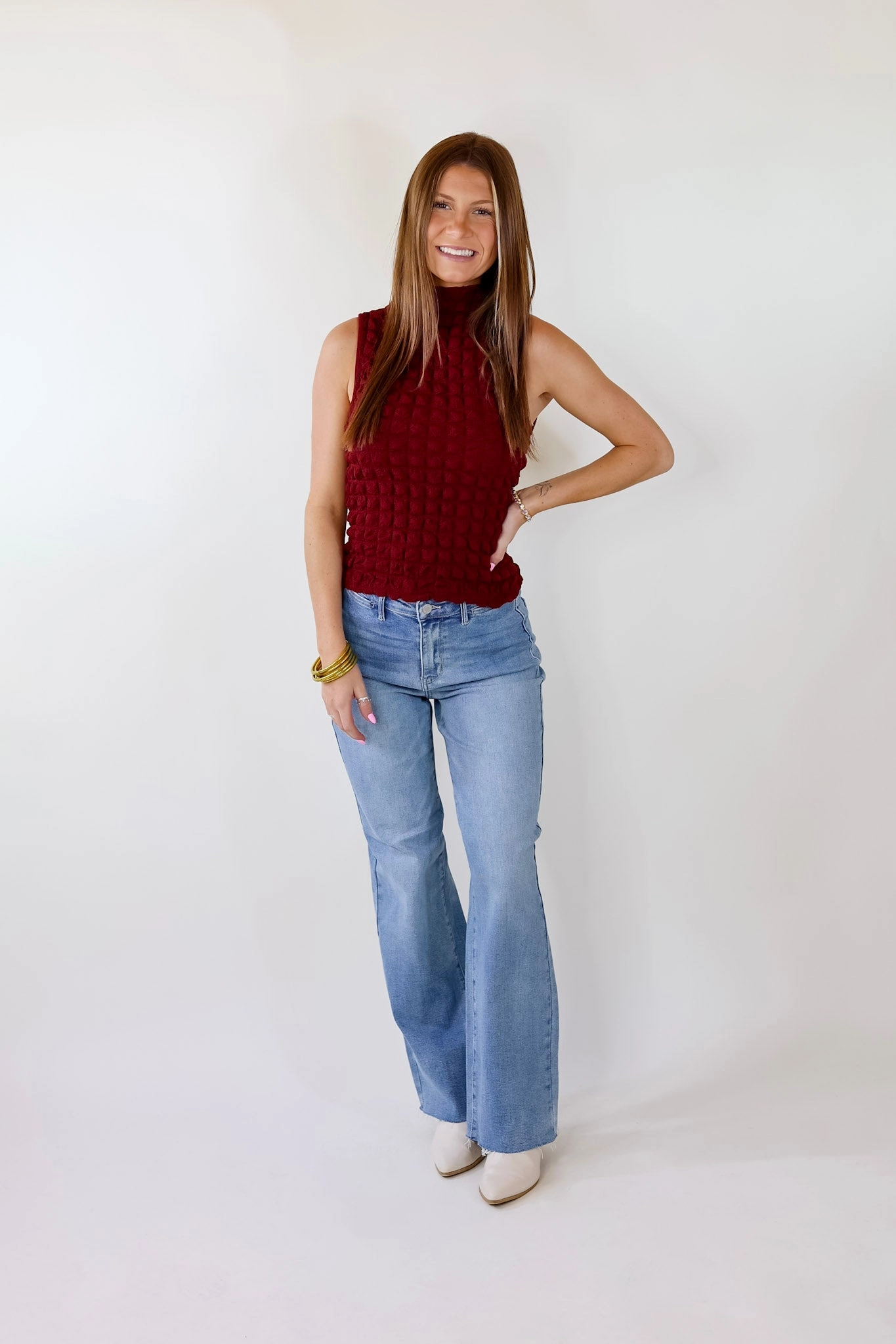 Daring Stares Mock Neck Bubble Tank Top in Maroon Data Mode ReinforcedHem