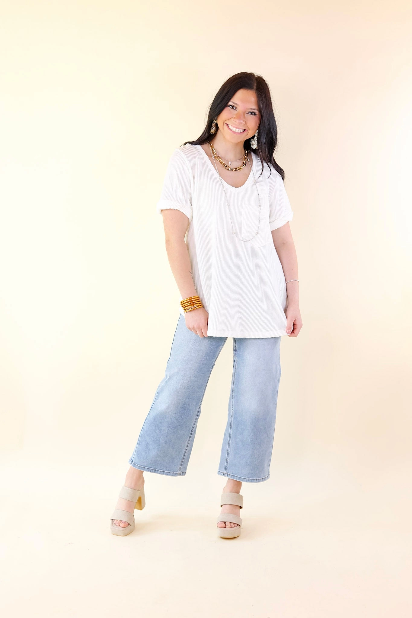 Adaptable Outfit Only True Love Ribbed Short Sleeve Top with Front Pocket in Off White