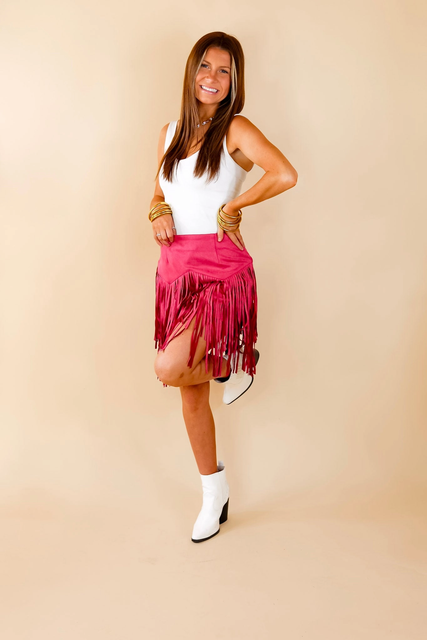 Pep Into Your Step Suede Fringe Skirt in Pink Senior Ease