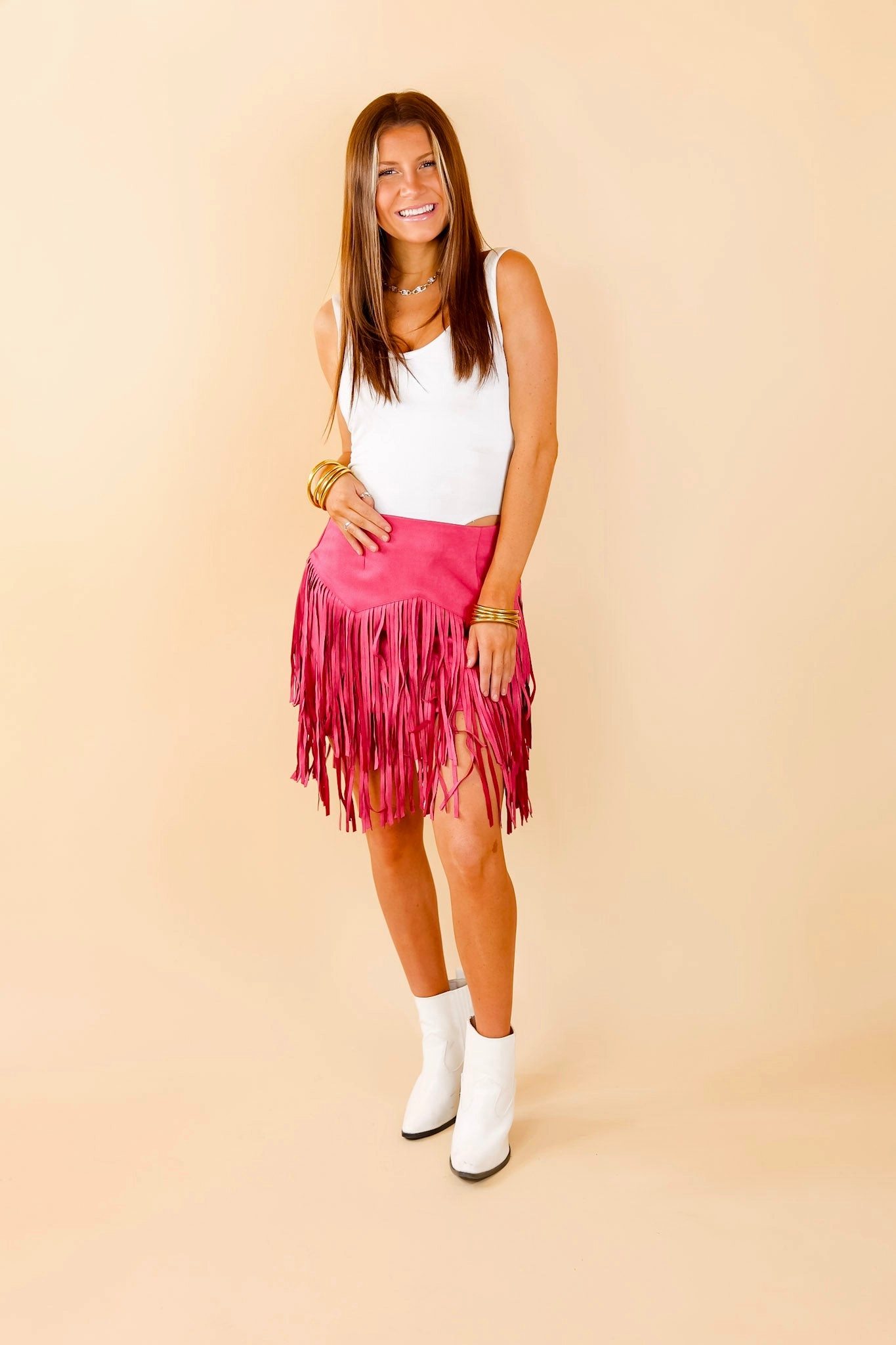 Pep Into Your Step Suede Fringe Skirt in Pink Relaxing Design Saga Fit