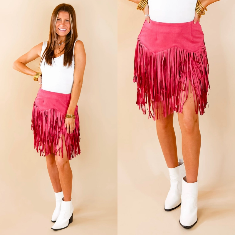 FlexibleCollarDesign Pep Into Your Step Suede Fringe Skirt in Pink