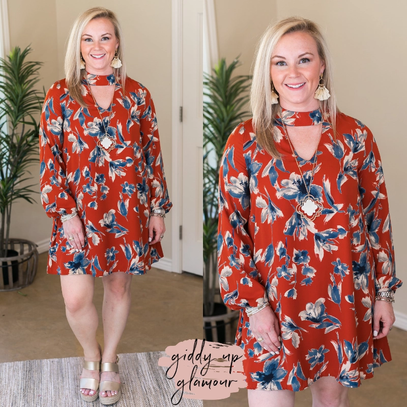 Flexible Waistline Reinforced Stress Points Last Chance Size Small | Honorable Mention Floral Print Keyhole Shift Dress in Rust Orange