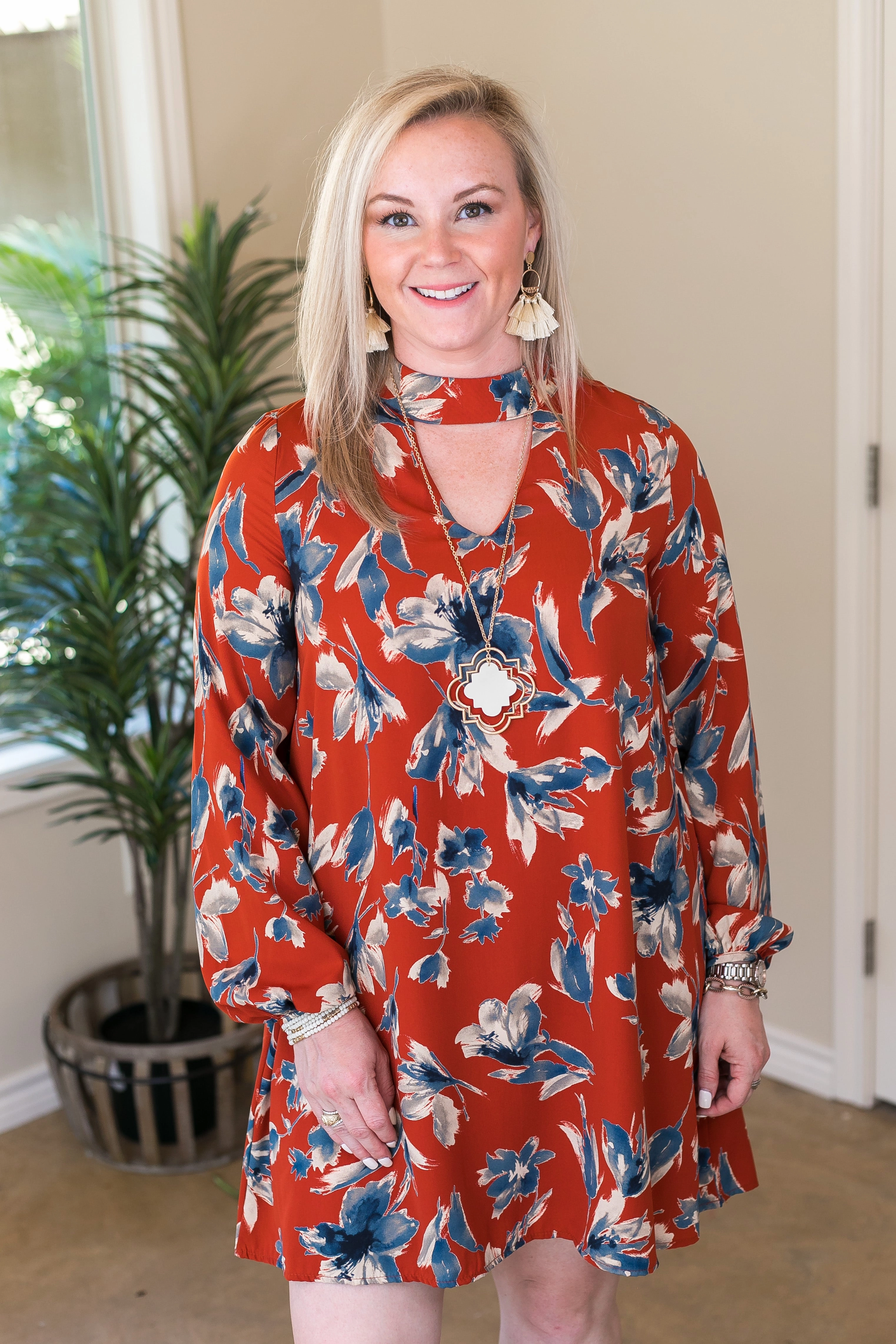 Comfortable Hoodie Casual Skirt Last Chance Size Small | Honorable Mention Floral Print Keyhole Shift Dress in Rust Orange