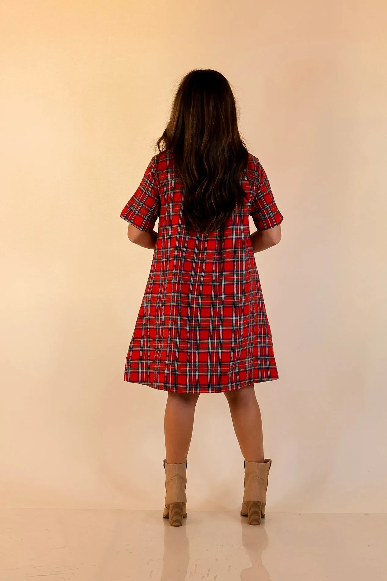 Seasonal Shift Plaid Dress with Pockets and Button Detailing in Red Sky Mood Cozy Robe
