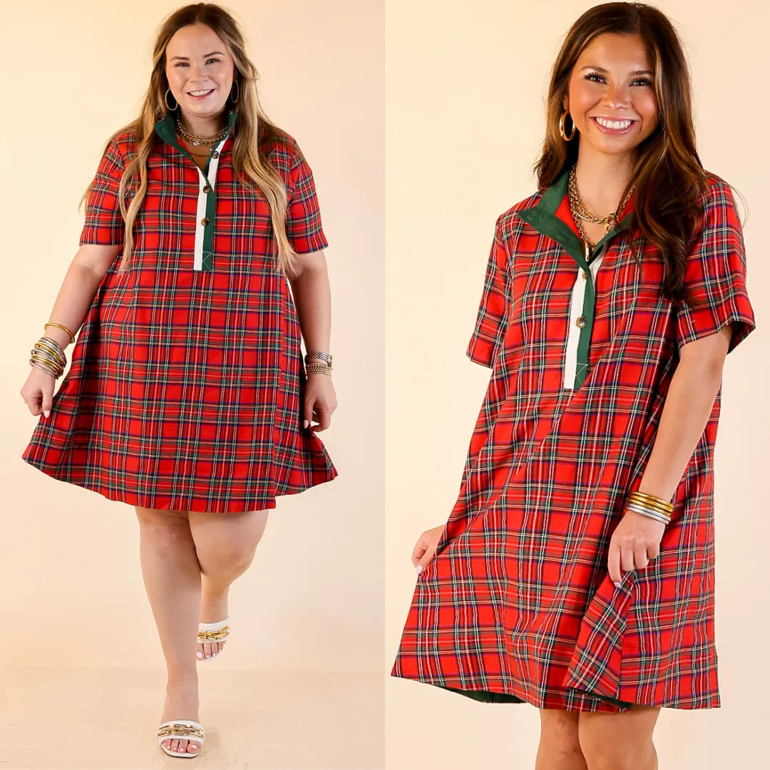 Seasonal Shift Plaid Dress with Pockets and Button Detailing in Red Digital Glow