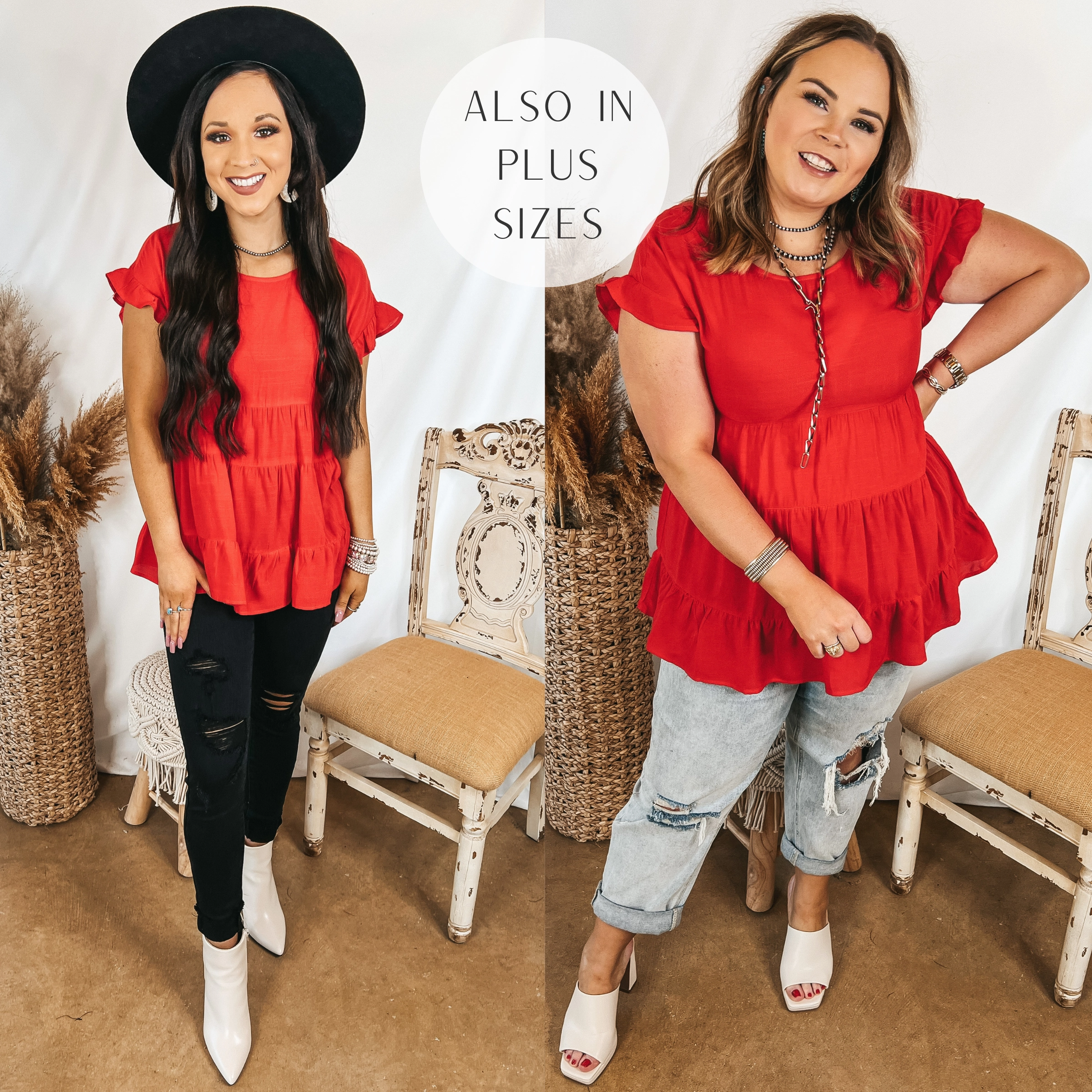 HighDensity Weave Belong To You Tiered Top with Ruffle Cap Sleeves in Red