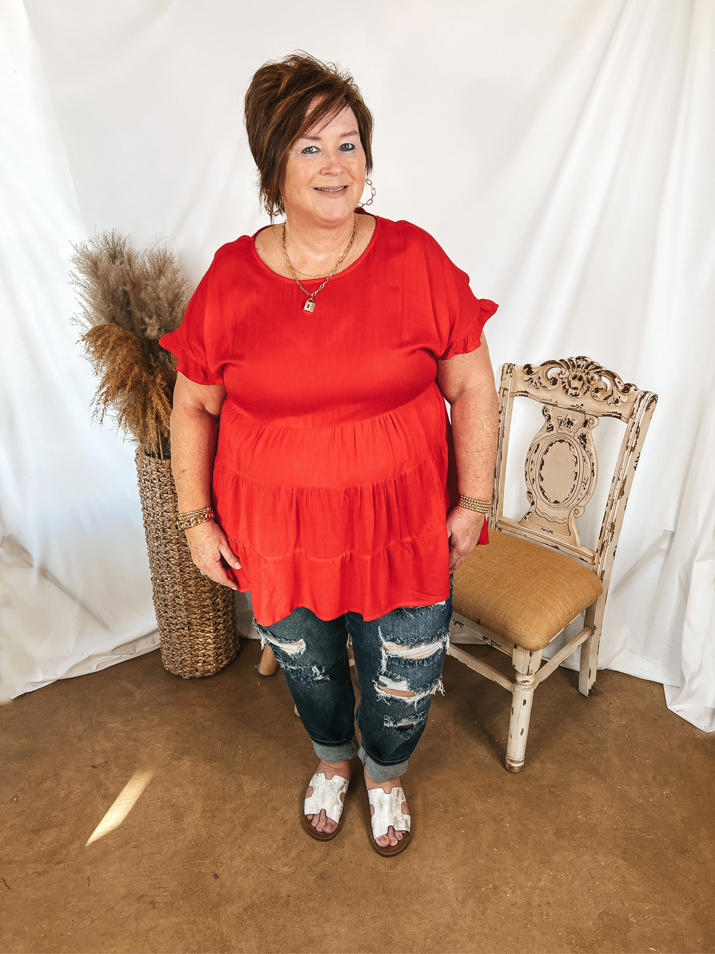 Cozy Pullover Vintage Soul Belong To You Tiered Top with Ruffle Cap Sleeves in Red