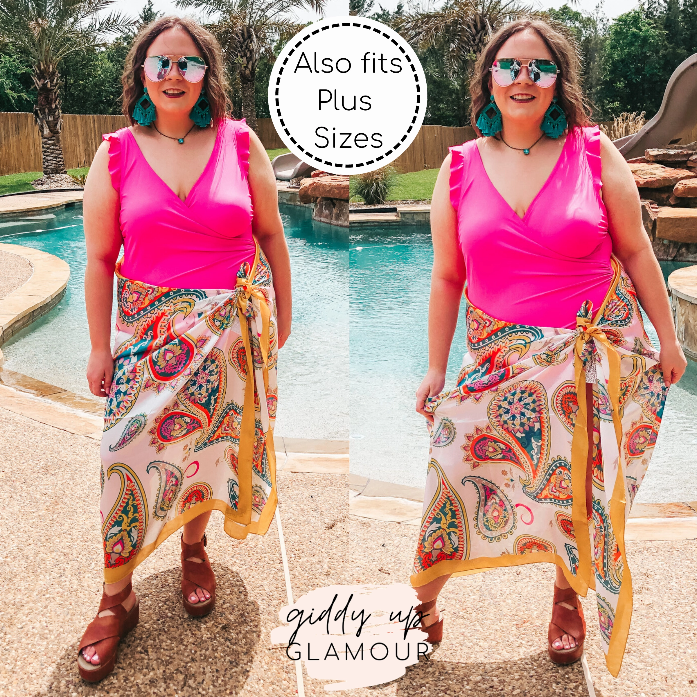 Let's Wrap This Up Large Paisley Satin Sarong with Mustard Trim FlatlockSeaming