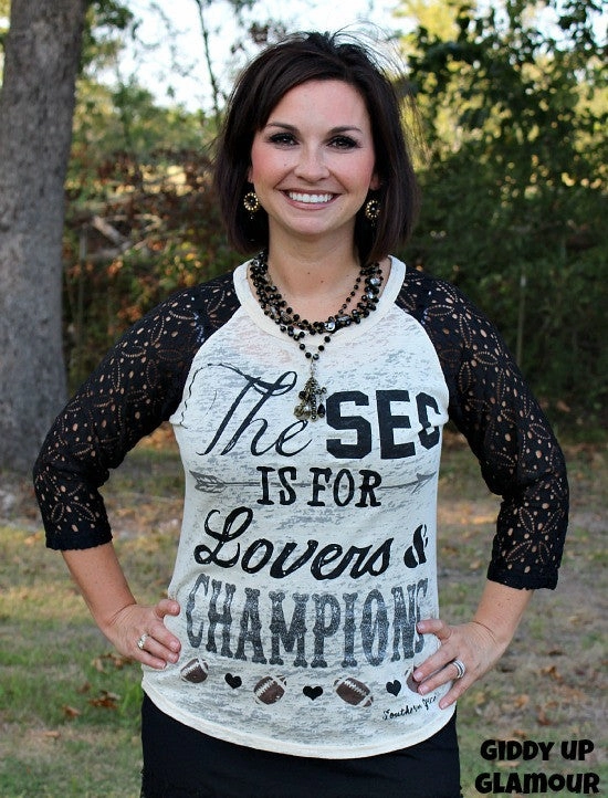 SEC is for Champions Burnout Baseball Tee with Crochet Sleeves Matte Look Active Wear