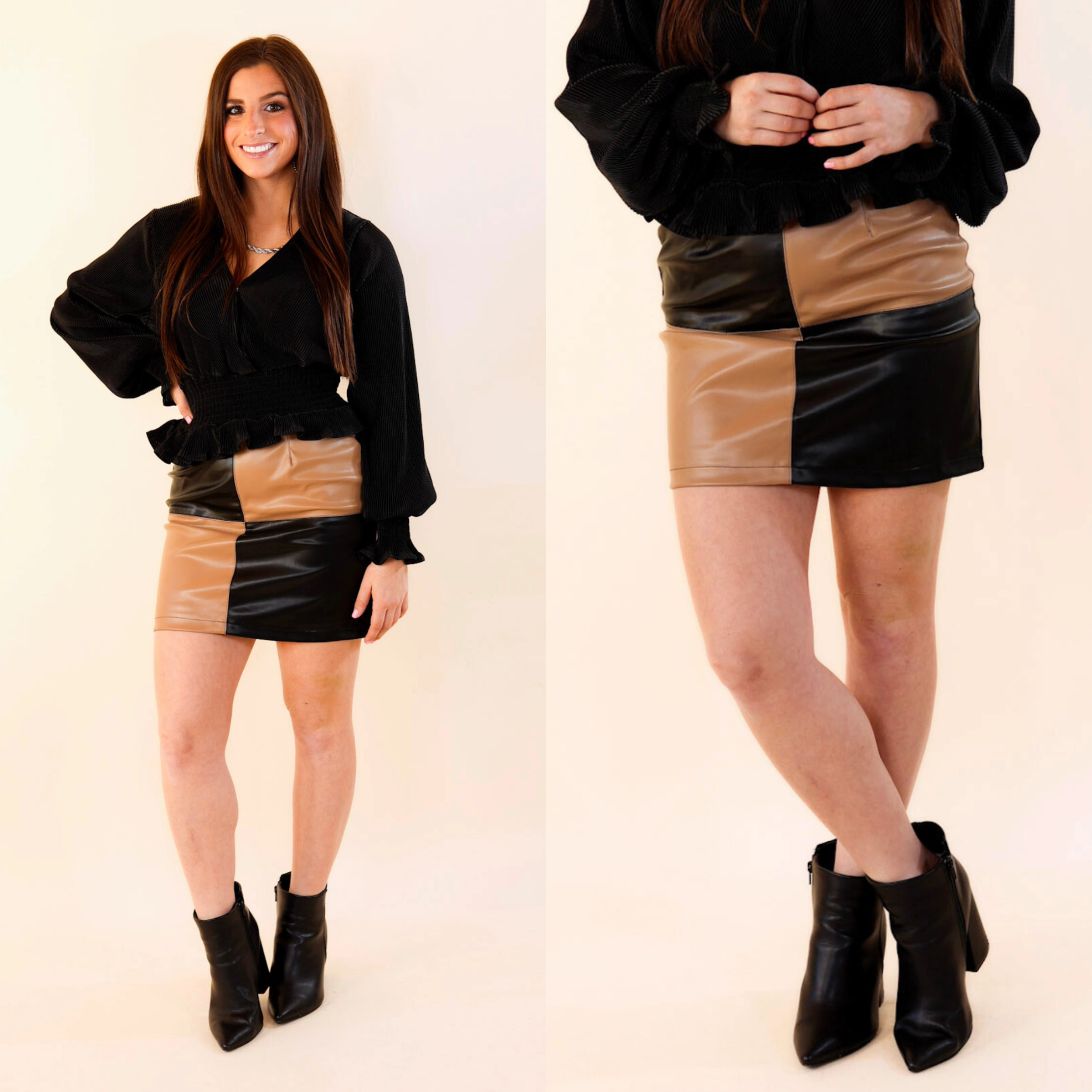 Second Glance Color Block Faux Leather Skirt in Black and Brown LayeredNeckline