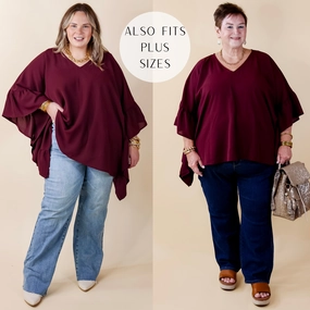 Mediterranean Air Secret Strength Ruffle Detail Poncho Top in Maroon