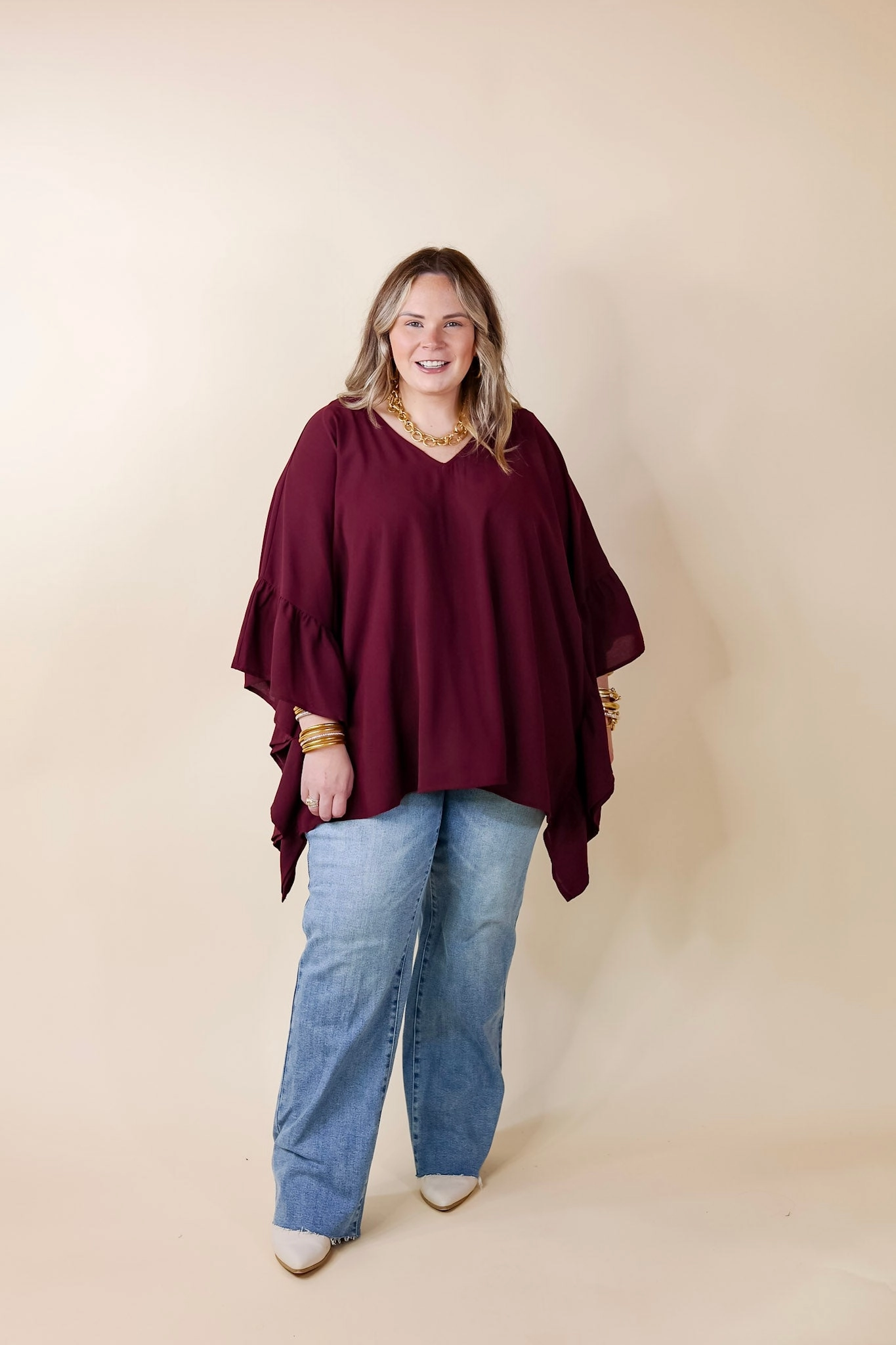 Secret Strength Ruffle Detail Poncho Top in Maroon Modern Silhouette