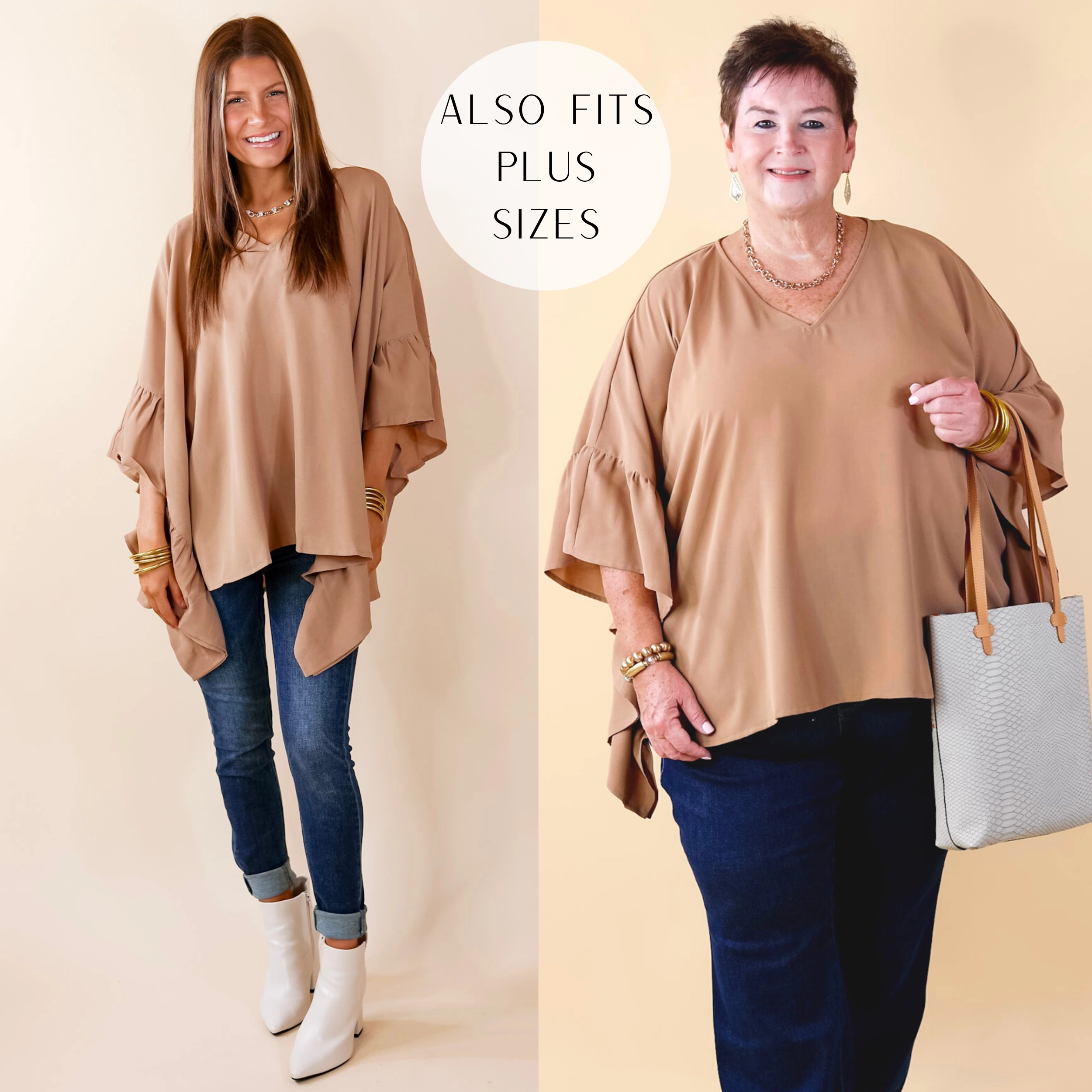 Stretchable Material StaticResistantTextile Secret Strength Ruffle Detail Poncho Top in Mocha Brown