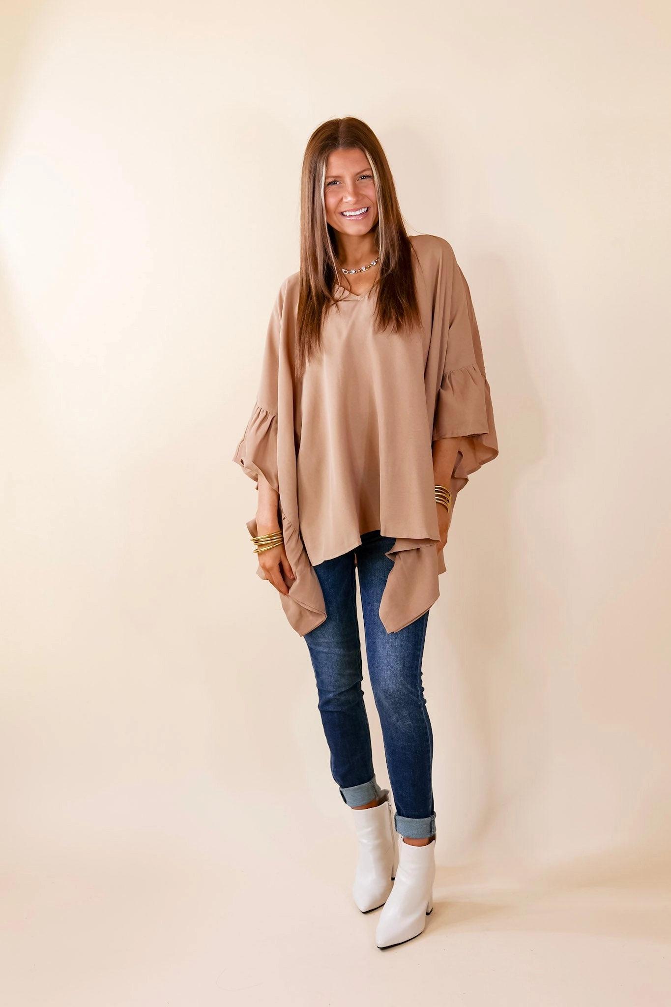 Camera Glow Sun Protection Fabric Secret Strength Ruffle Detail Poncho Top in Mocha Brown