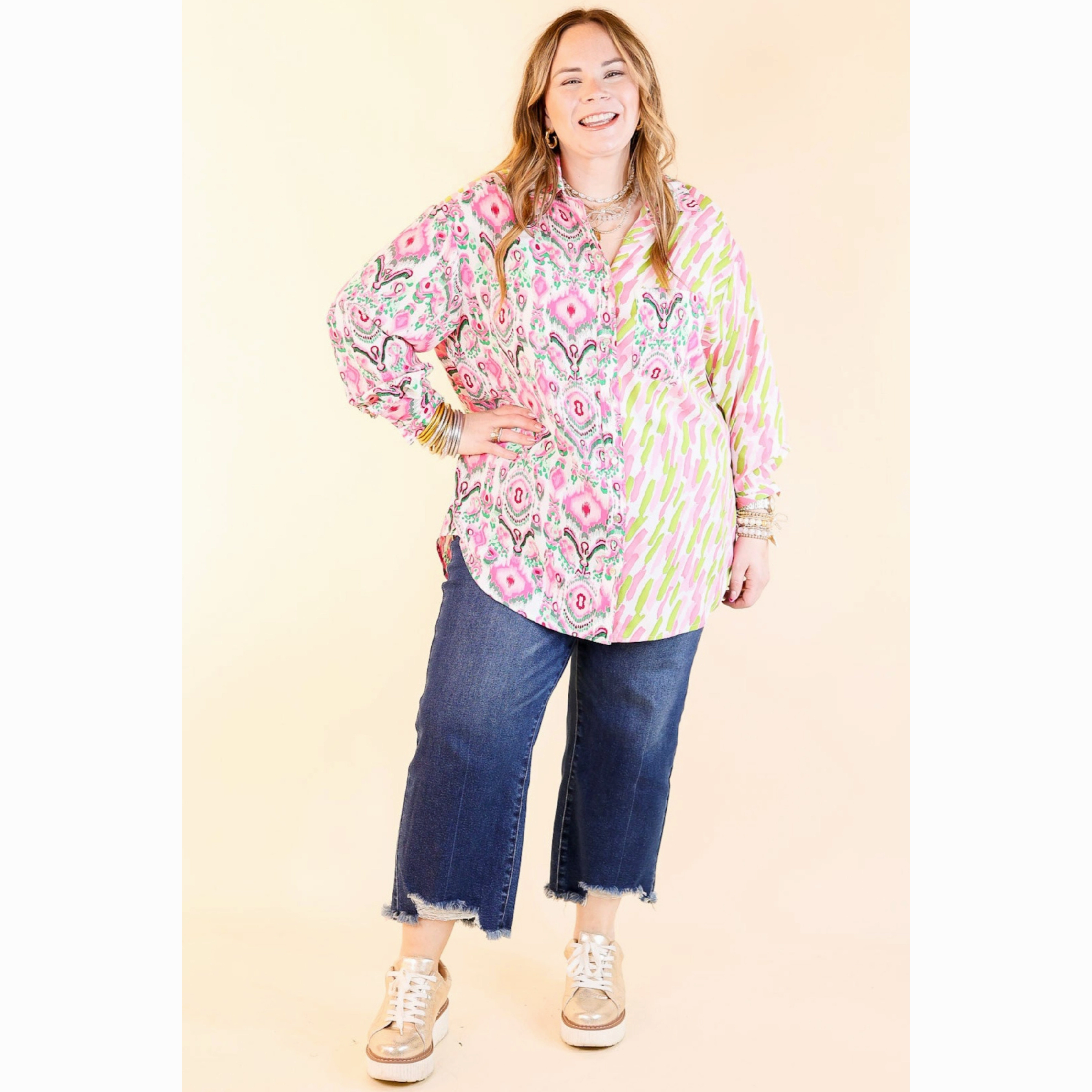 Mountain Escape Sensational Flair Button Up Mix Print Top in Green and Pink