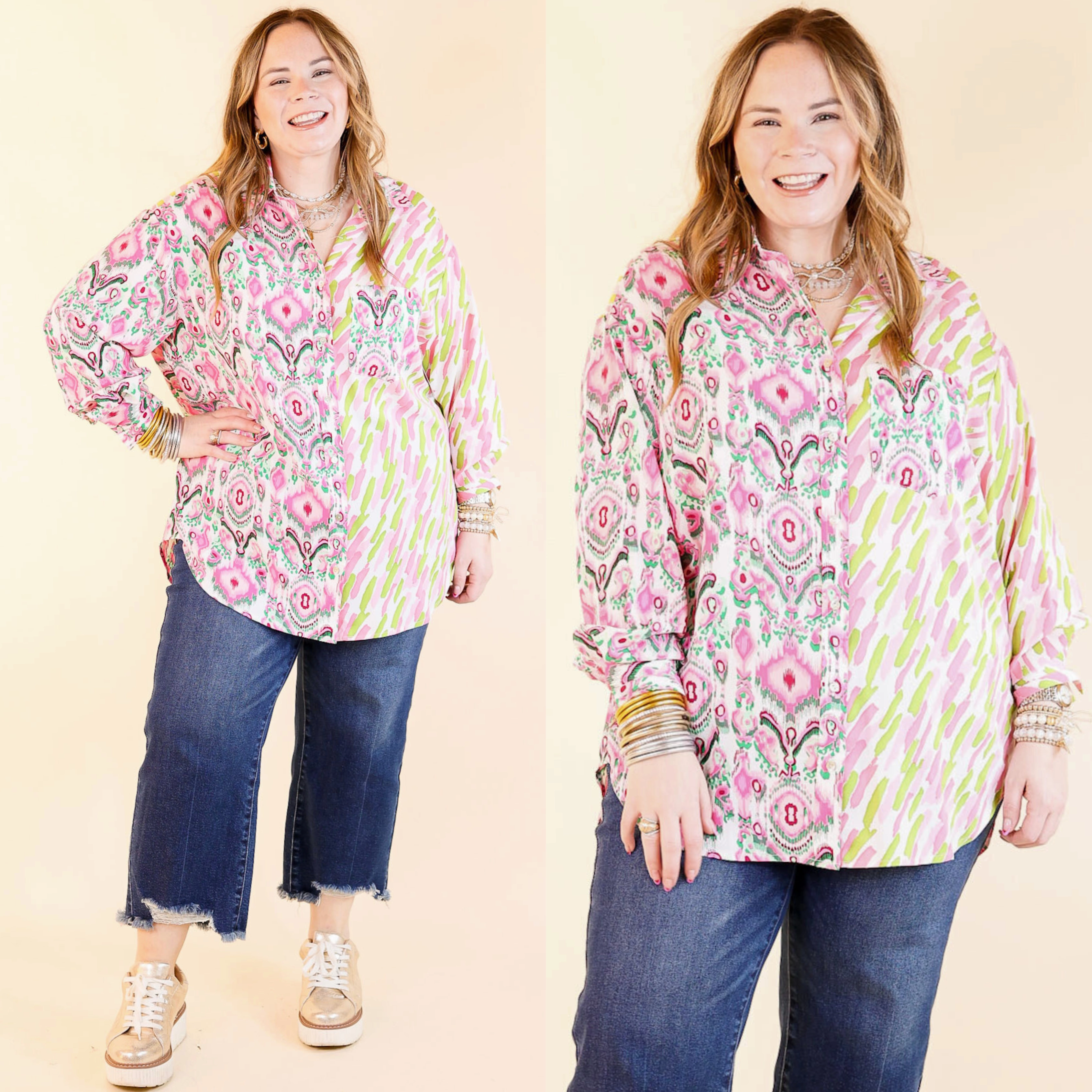 Sensational Flair Button Up Mix Print Top in Green and Pink Winter Retreat