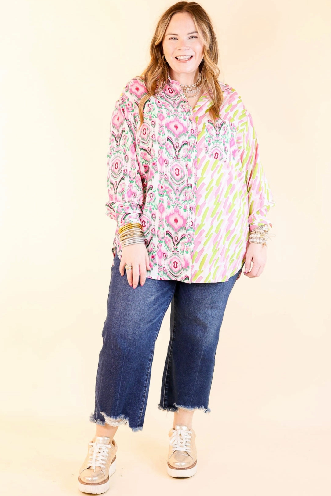 Sensational Flair Button Up Mix Print Top in Green and Pink Perfect Layering UV Protective Fabric