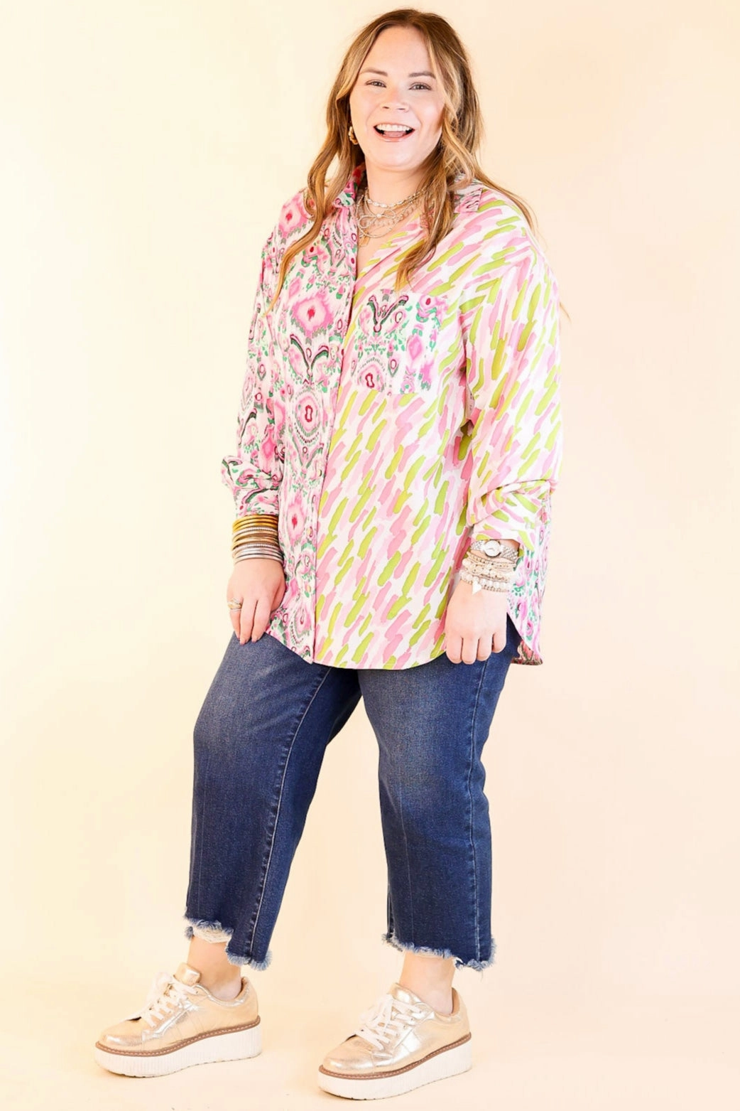 Sensational Flair Button Up Mix Print Top in Green and Pink Sleepwear Casual Hangout
