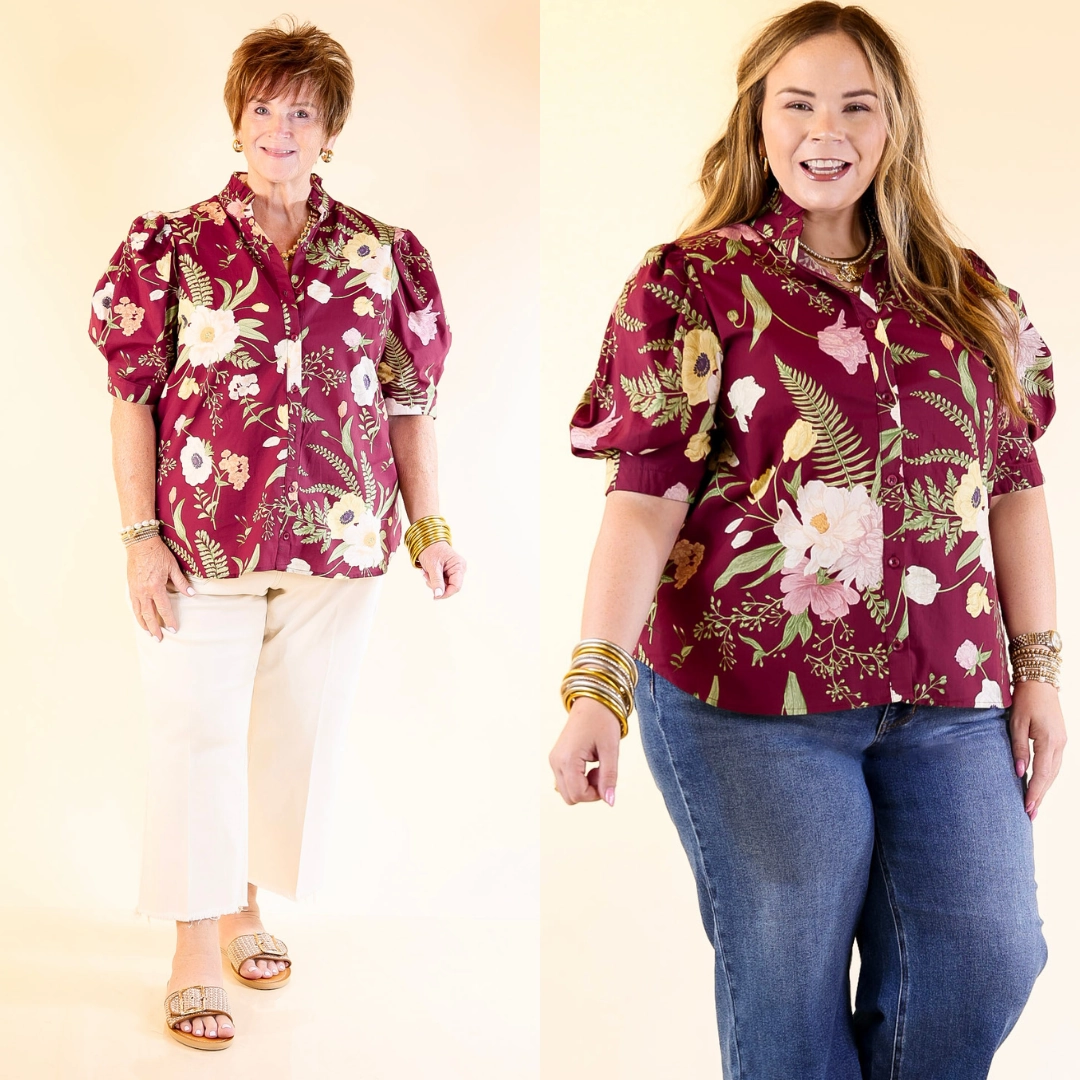 First Glance Button Up Puff Sleeve Floral Print Top in Maroon Versatile Wear