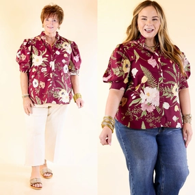 First Glance Button Up Puff Sleeve Floral Print Top in Maroon Versatile Wear