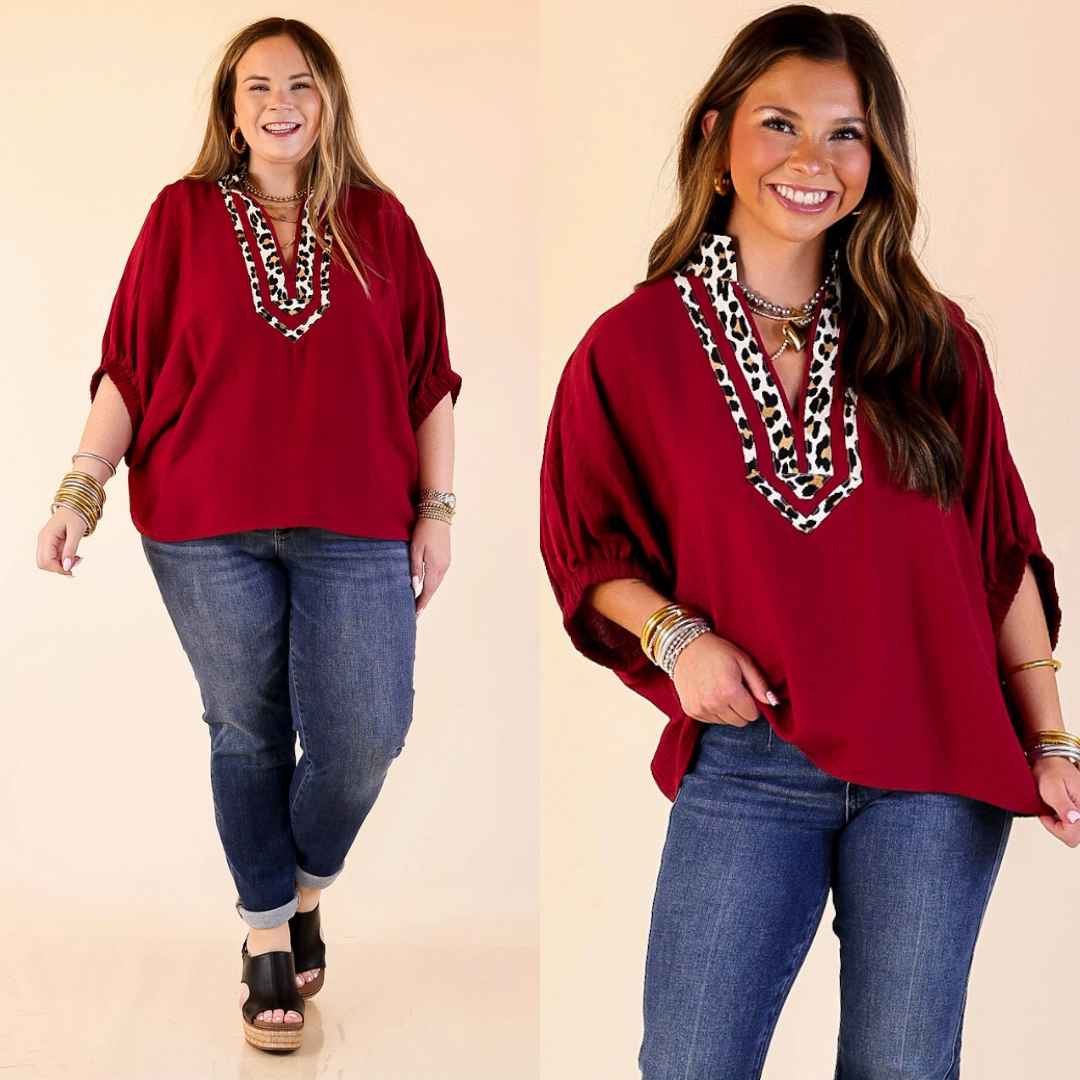 Naturally Stylish Leopard Print Trim Poncho Top in Maroon Breathable Underarm Vents Lightweight Feel