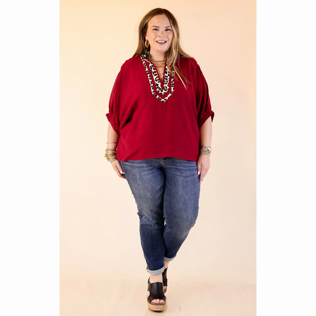 Naturally Stylish Leopard Print Trim Poncho Top in Maroon Sustainable production