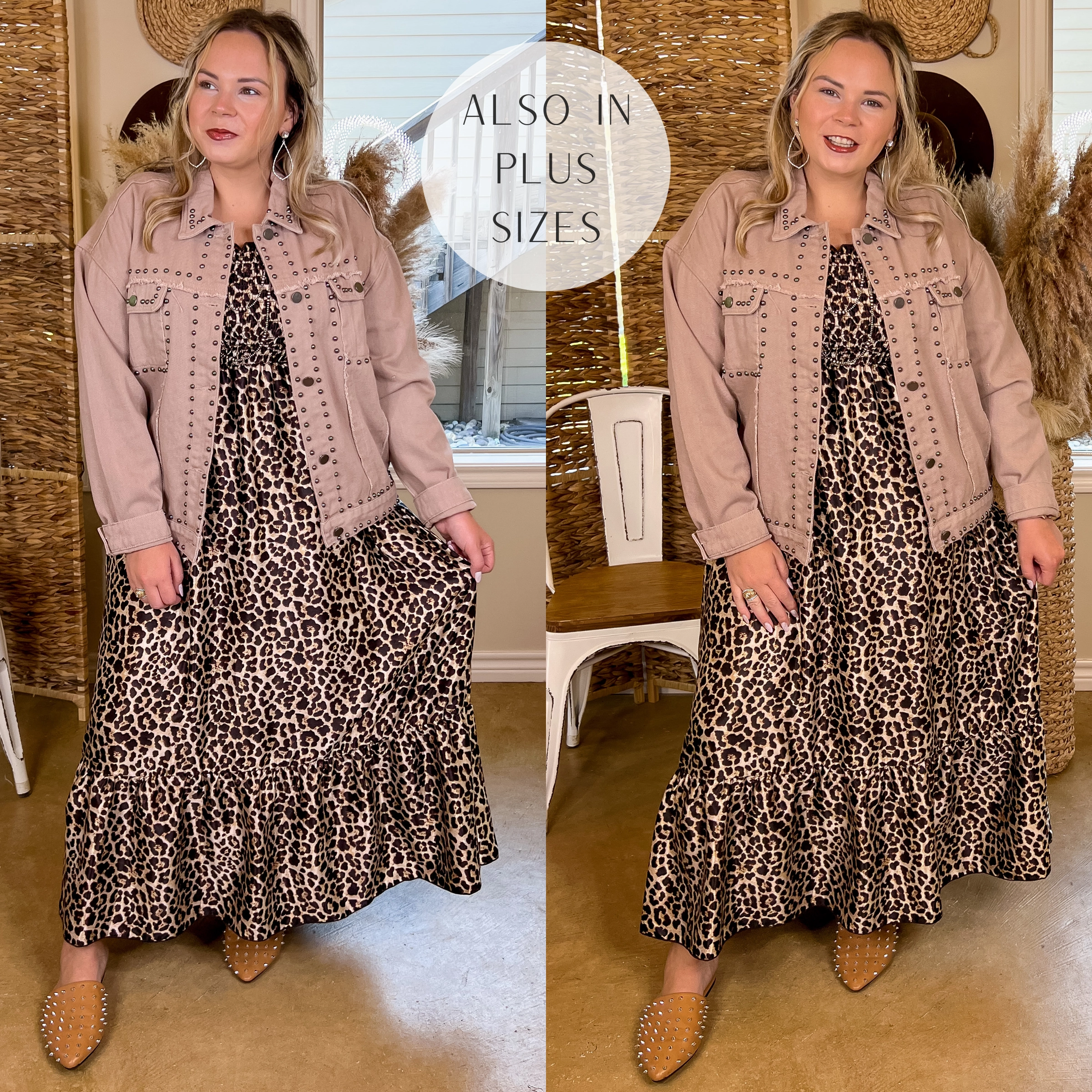 Flatlock stitching Always Impressed Cropped Denim Jacket with Silver Studs in Mauve Brown