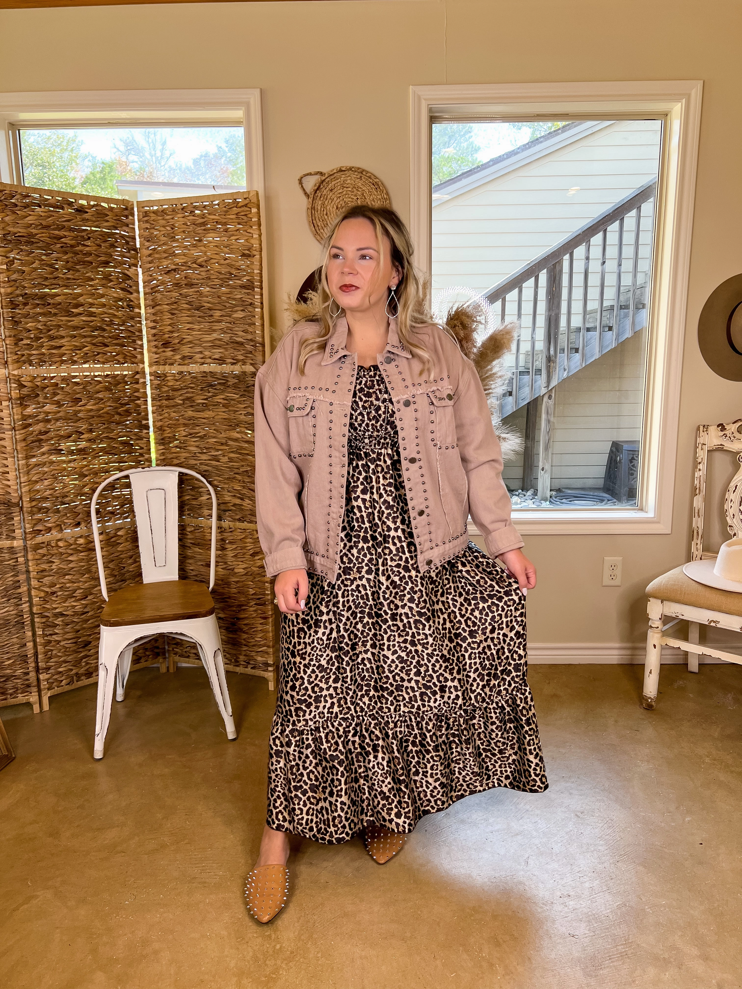 Always Impressed Cropped Denim Jacket with Silver Studs in Mauve Brown Kind Soul QuickDry