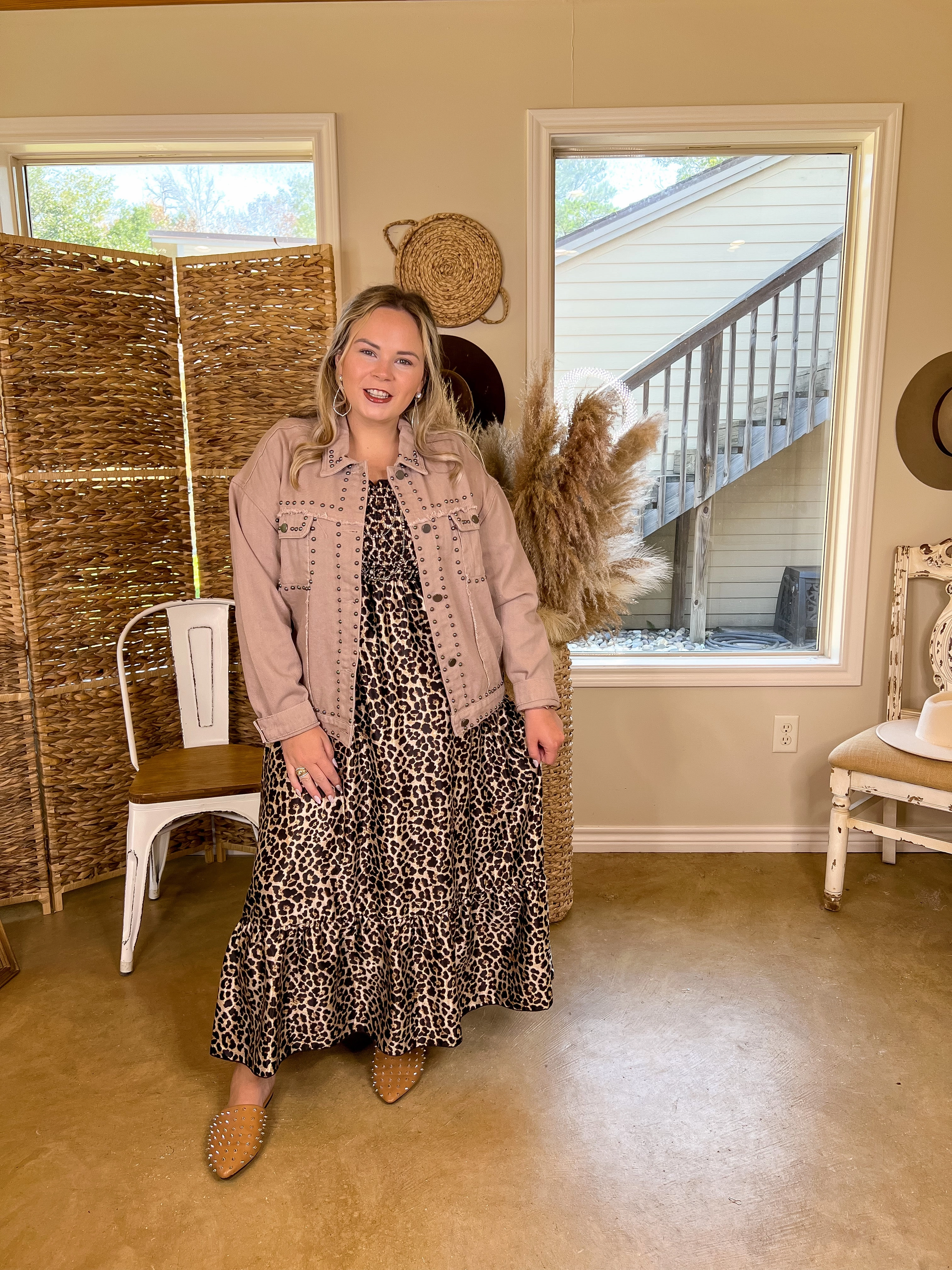 Always Impressed Cropped Denim Jacket with Silver Studs in Mauve Brown Lightweight sweater Warm Sweater