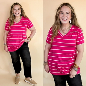 Keep Things Casual Striped V Neck Tee in Fuchsia Insulated Outerwear