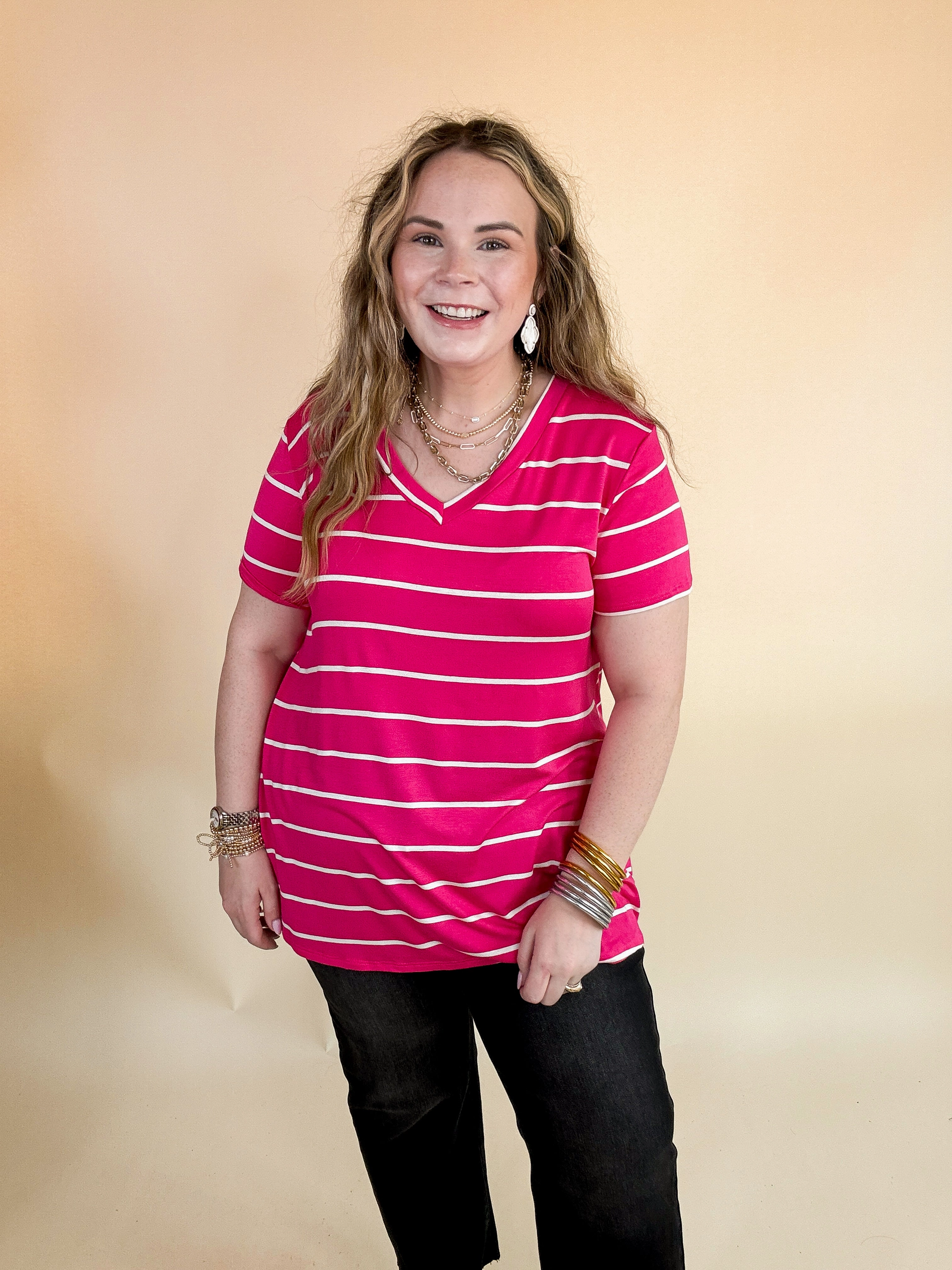 Keep Things Casual Striped V Neck Tee in Fuchsia Warm Base AntiOdor Fabric