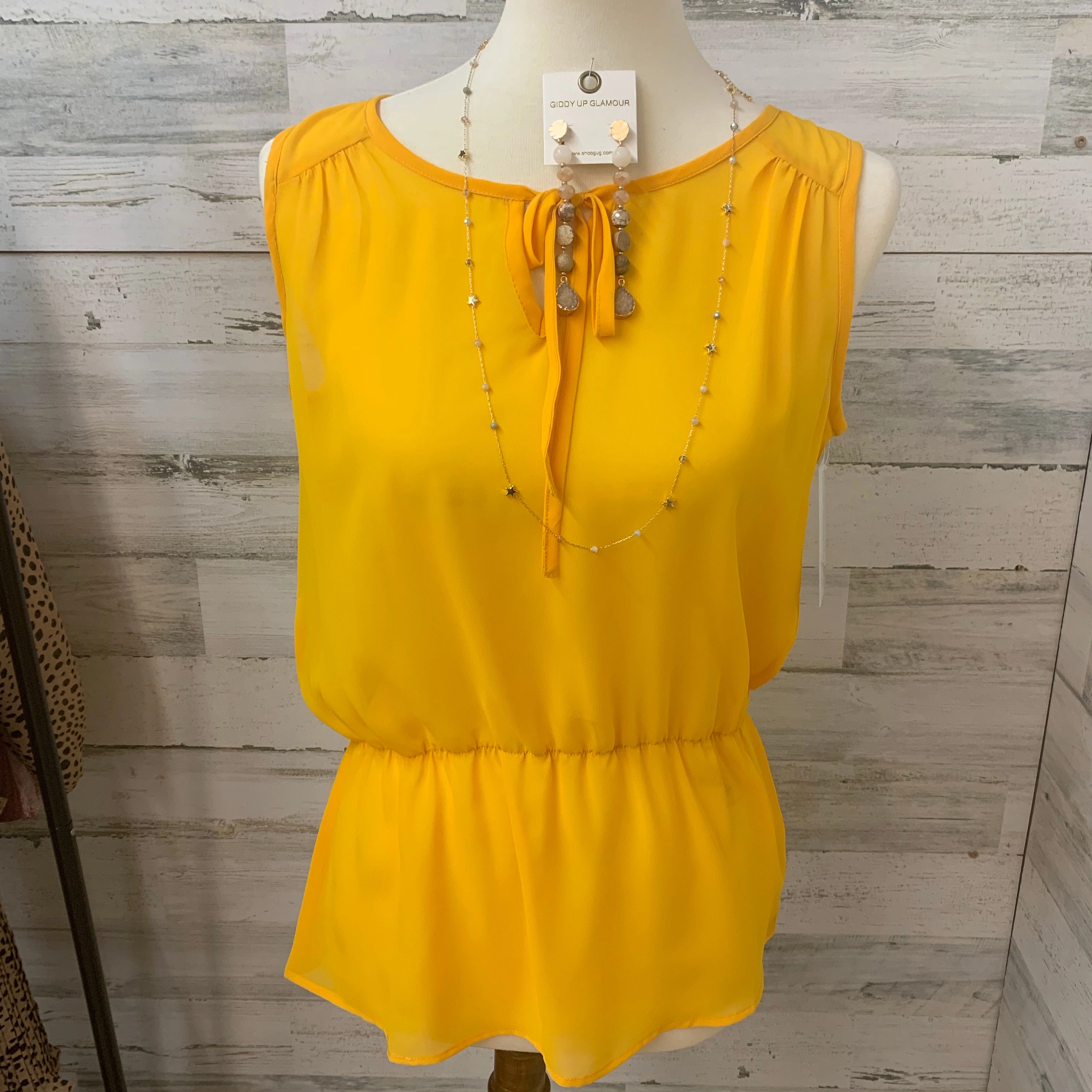 TearResistant Material StainlessZippers Last Chance Size Large | Sheer Peplum Top with Keyhole Tie in Yellow