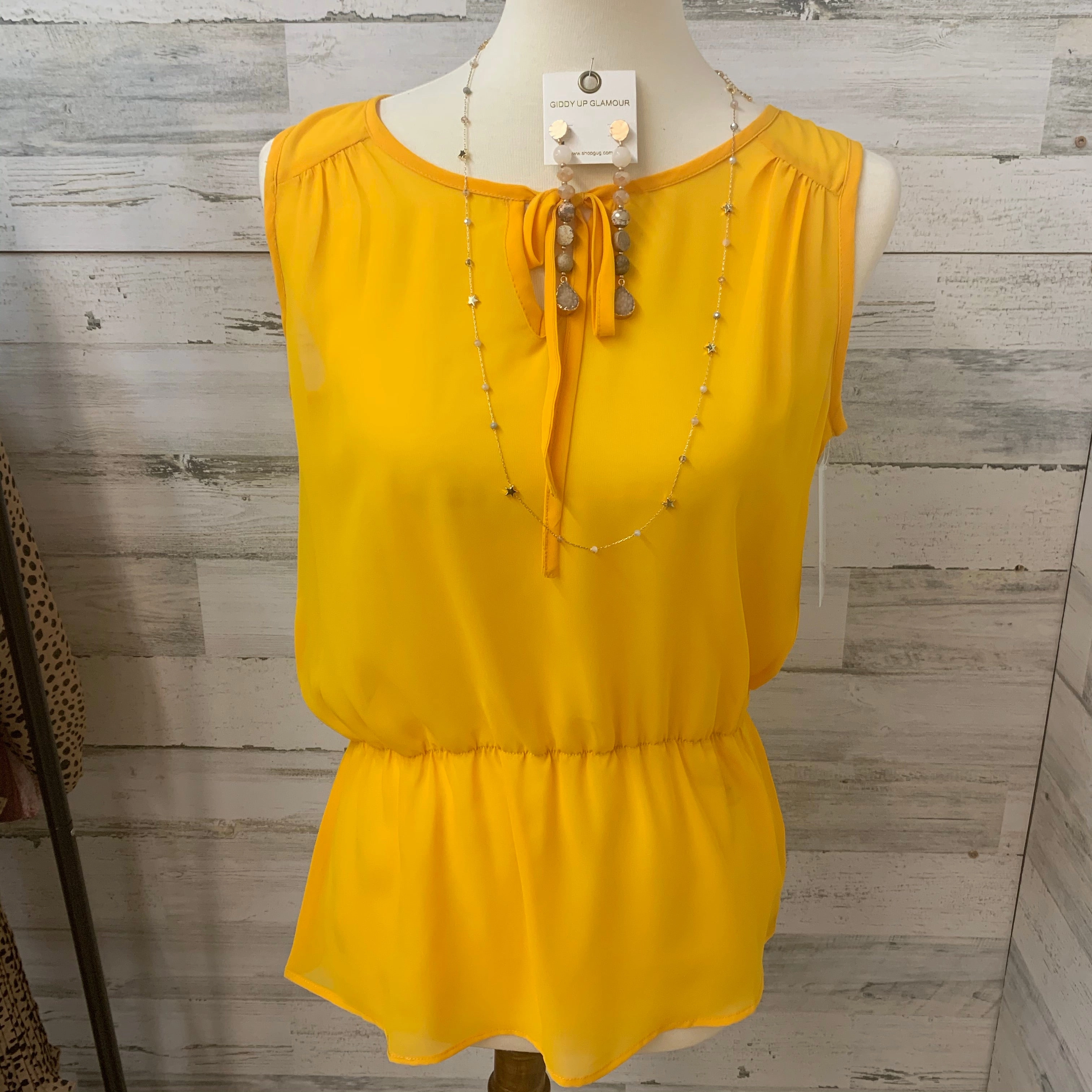 Vision Glow Last Chance Size Large | Sheer Peplum Top with Keyhole Tie in Yellow
