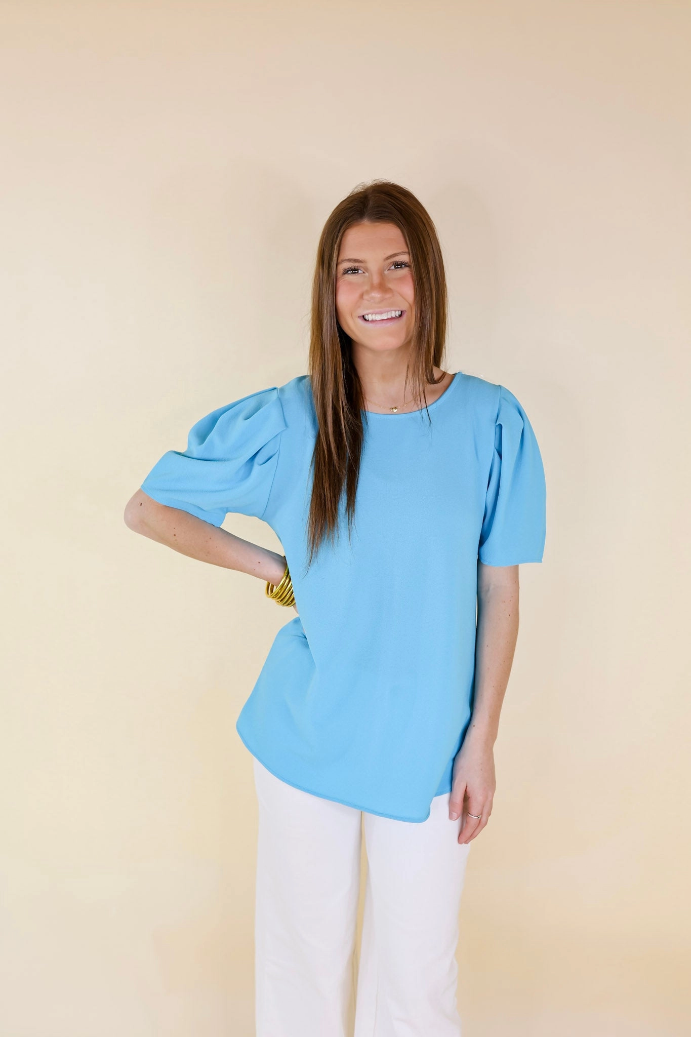 Share The Love Pleated Short Sleeve Top in Blue Hygienic Finish FadeResistant Color